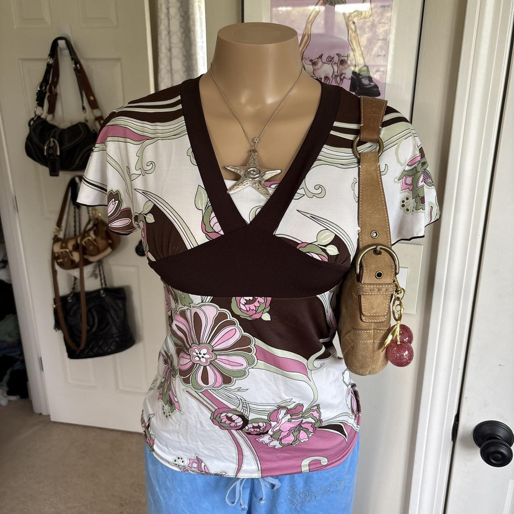 y2k 2000s avant garde brown pink floral tie back babydoll top