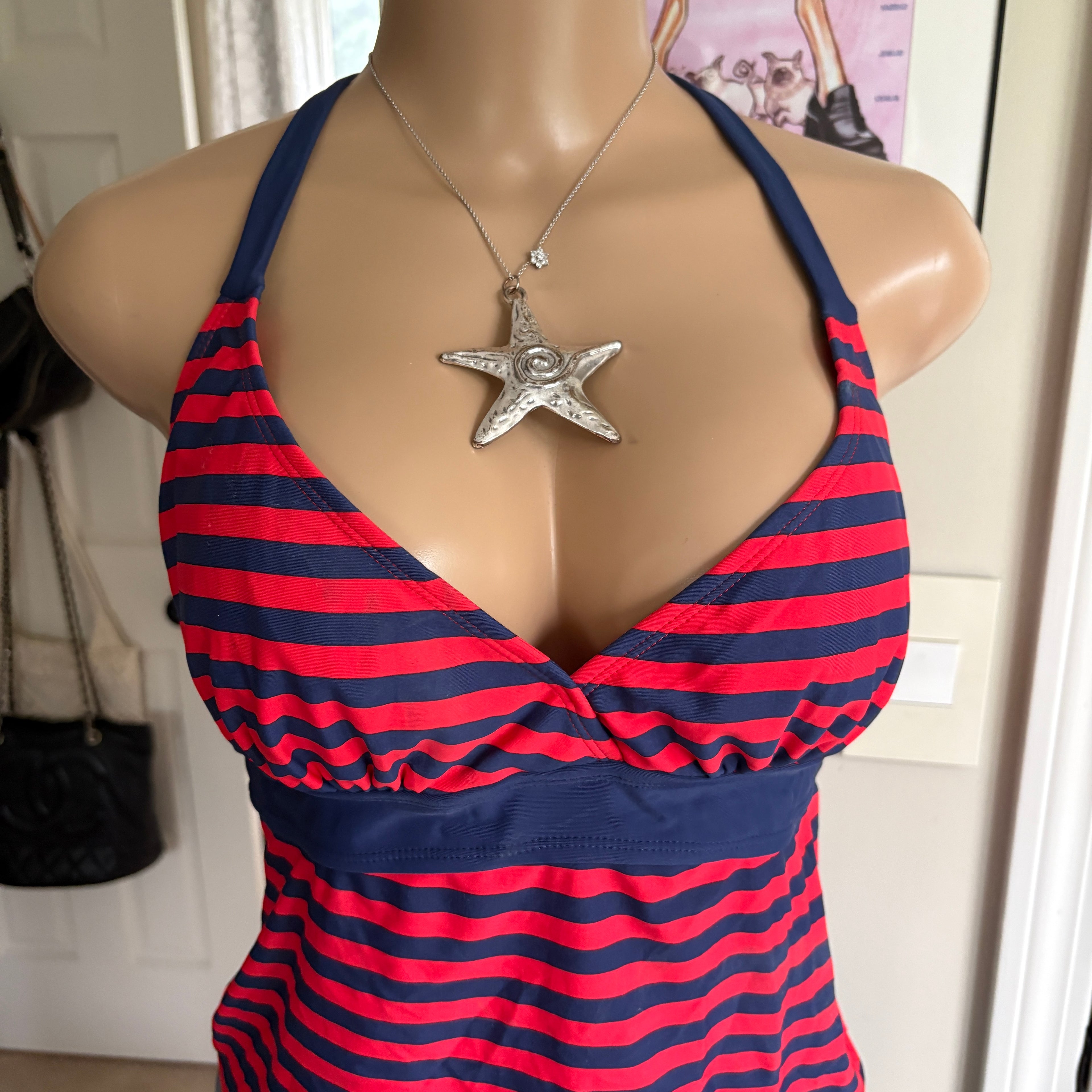 00s red and navy striped halter top (size S)