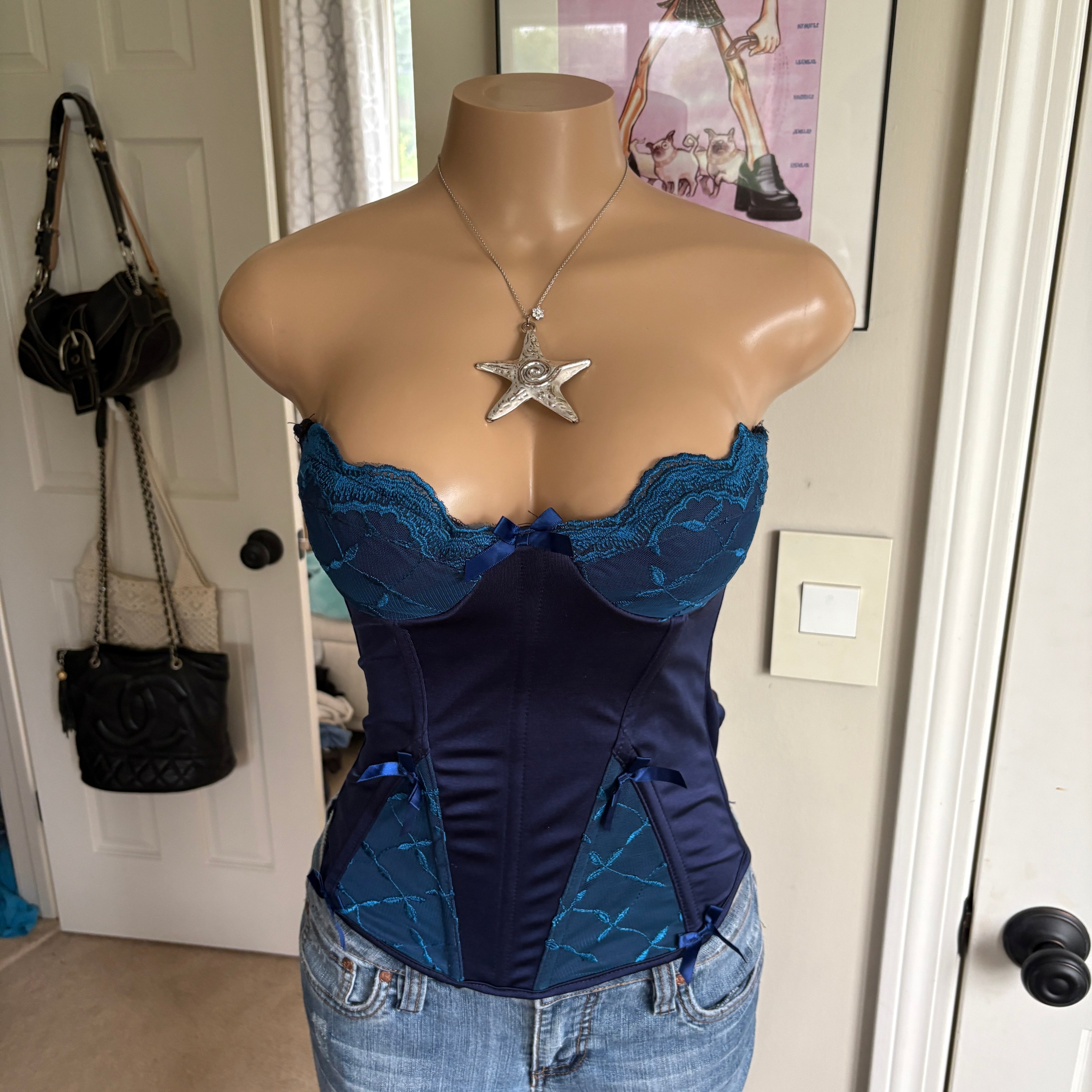 00s Coquette blue lace back bustier corset top (size M)