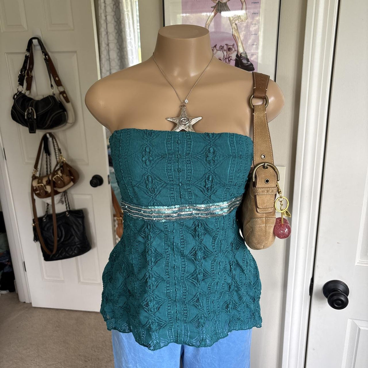 y2k 2000s Charlotte Russe teal lace sequin strapless tie back top