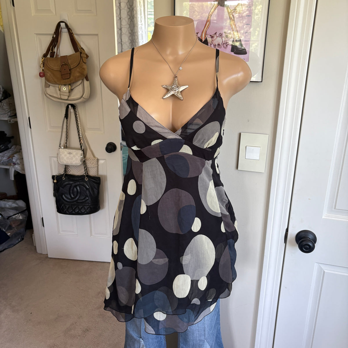 00s black & gray polka dot tie back dress (size M)