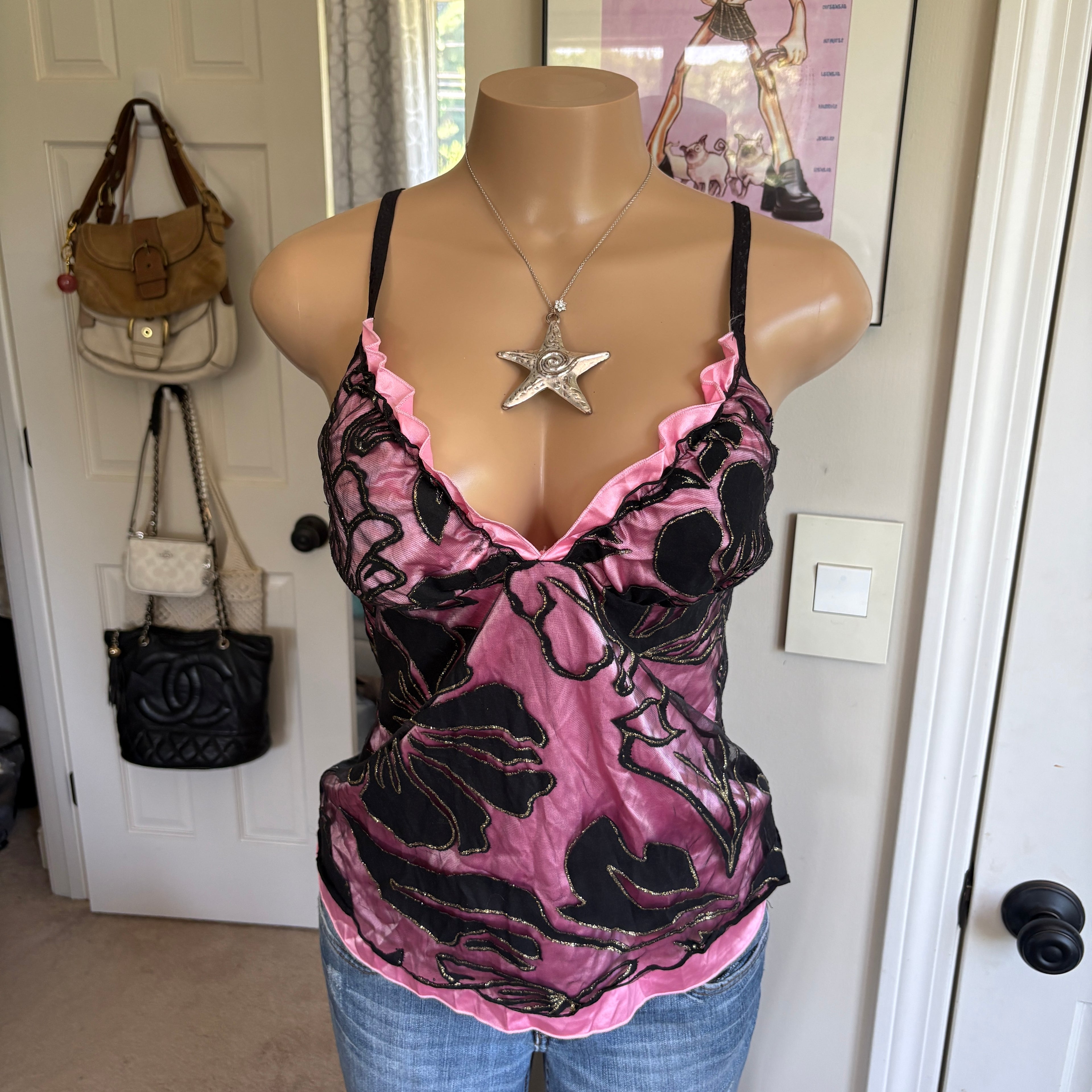 00s black & pink floral v neck cami (size M)