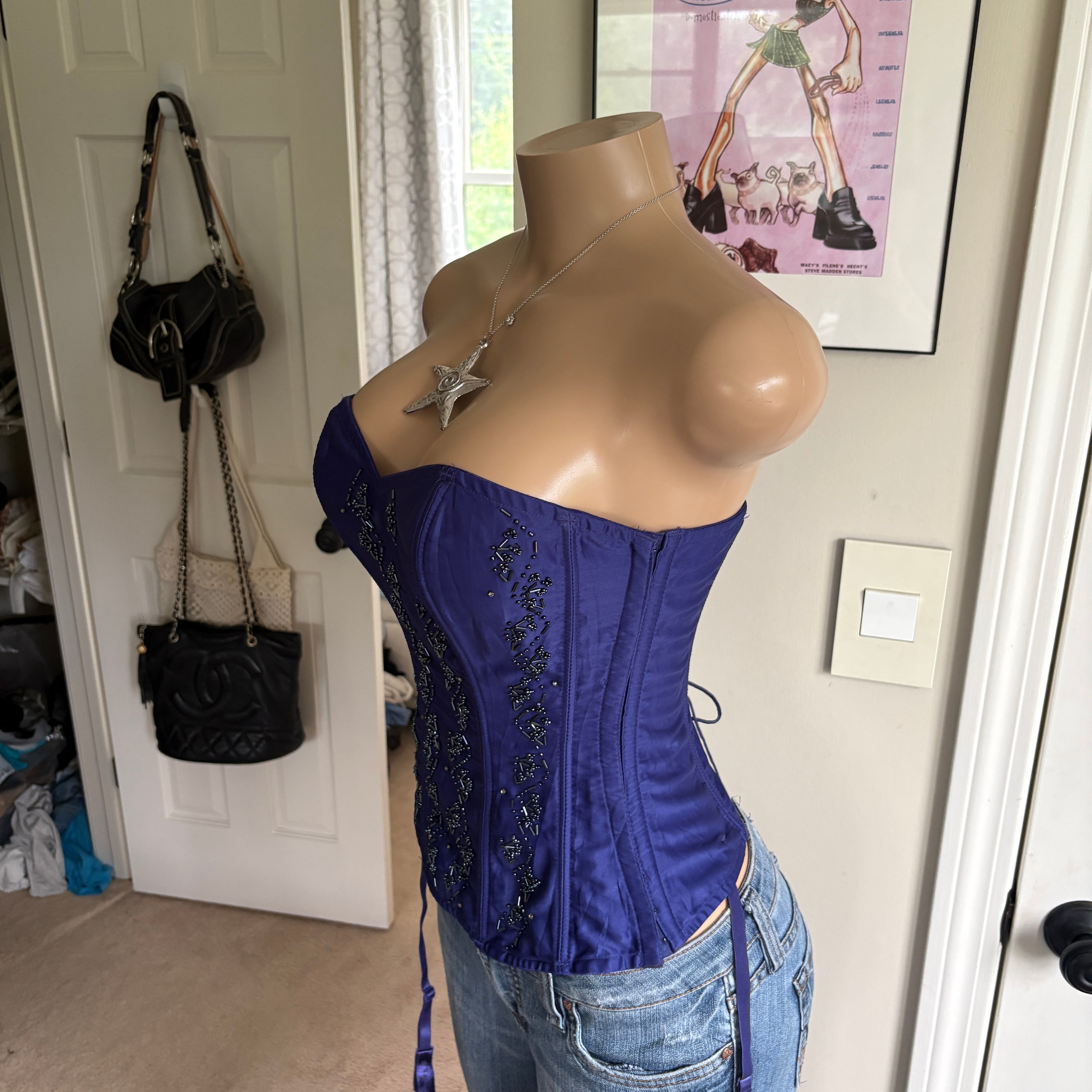 00s Frederick's of Hollywood blue beaded corset top (size S)