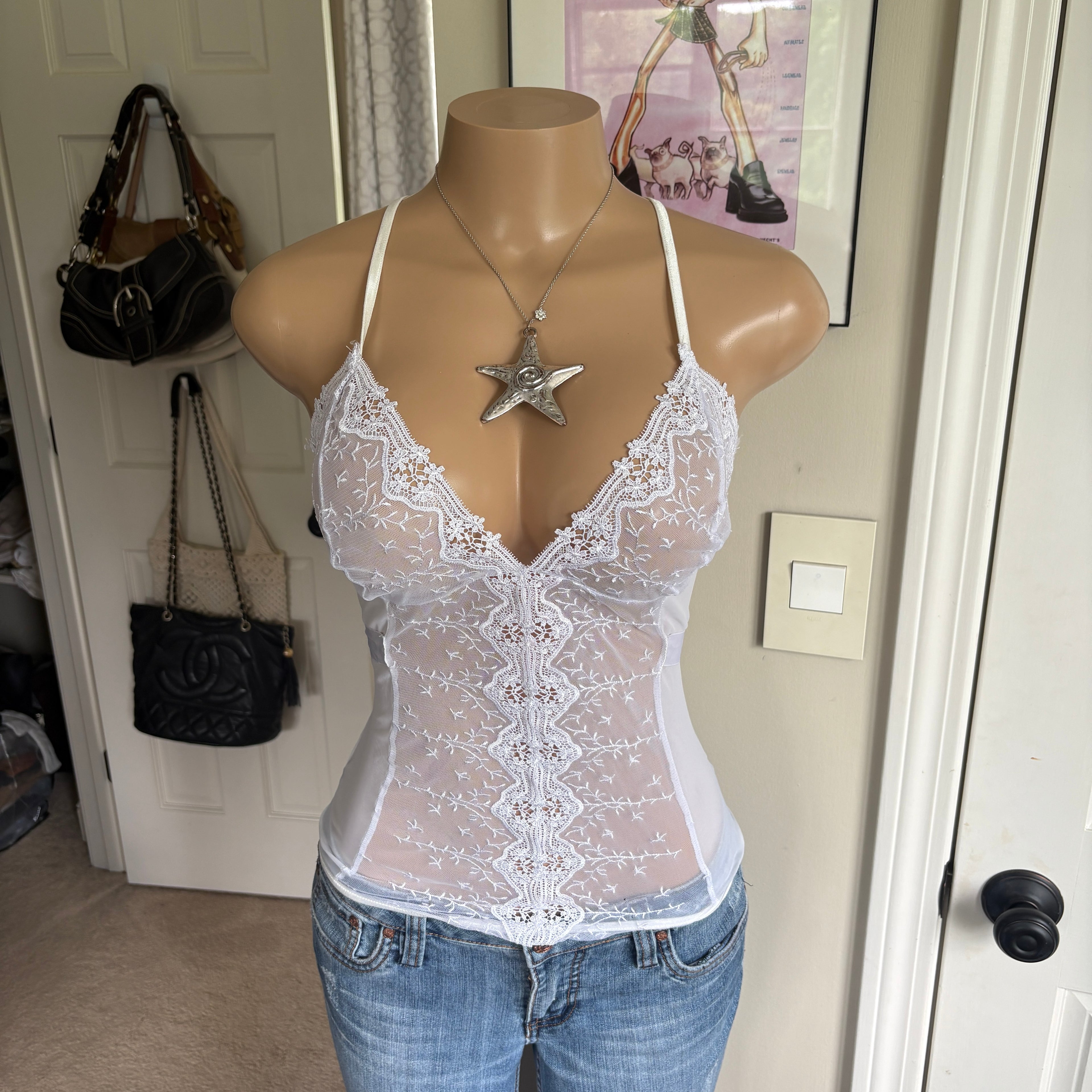 00s white floral lace tie back cami (size M)