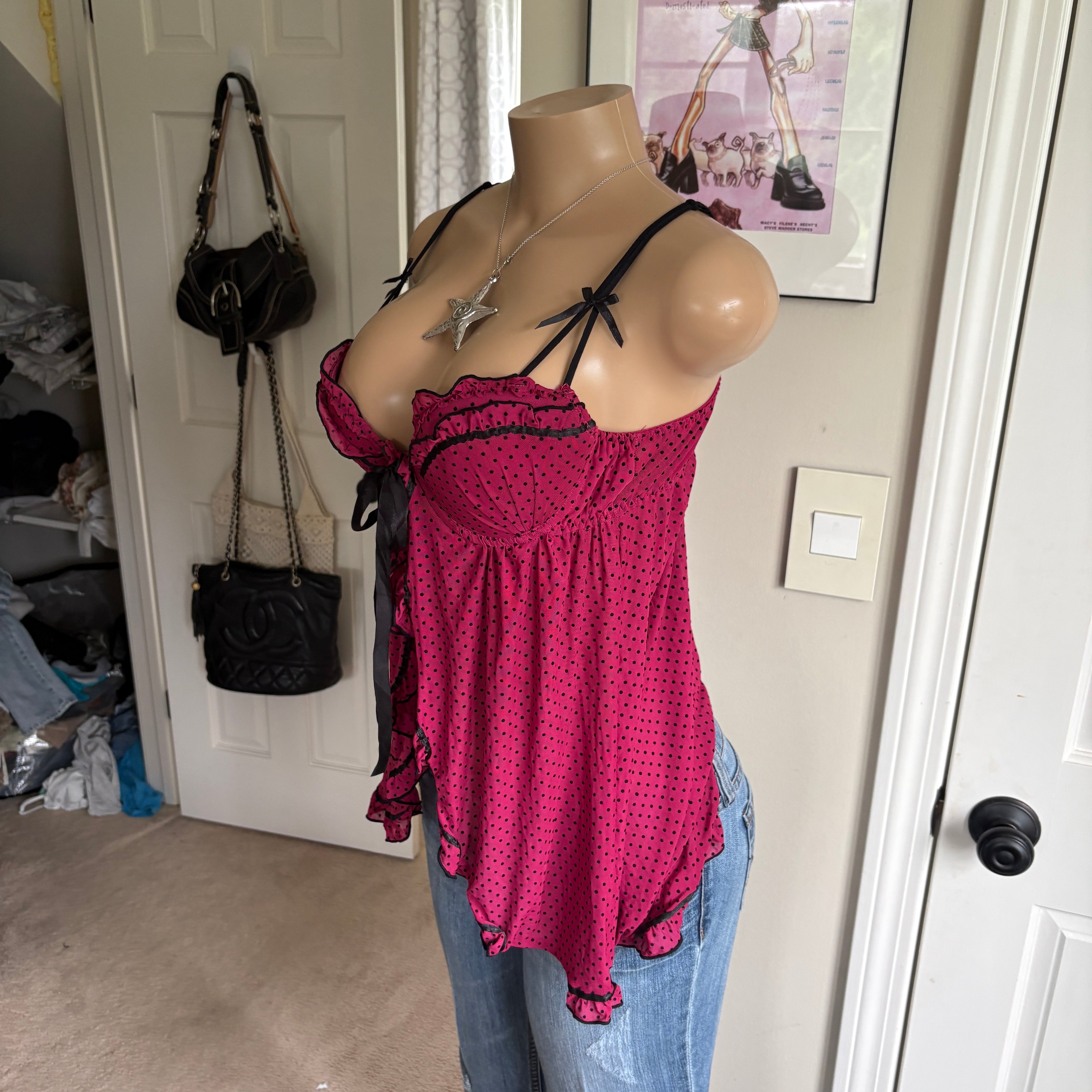 00s raspberry red polka dot babydoll cami (size L)
