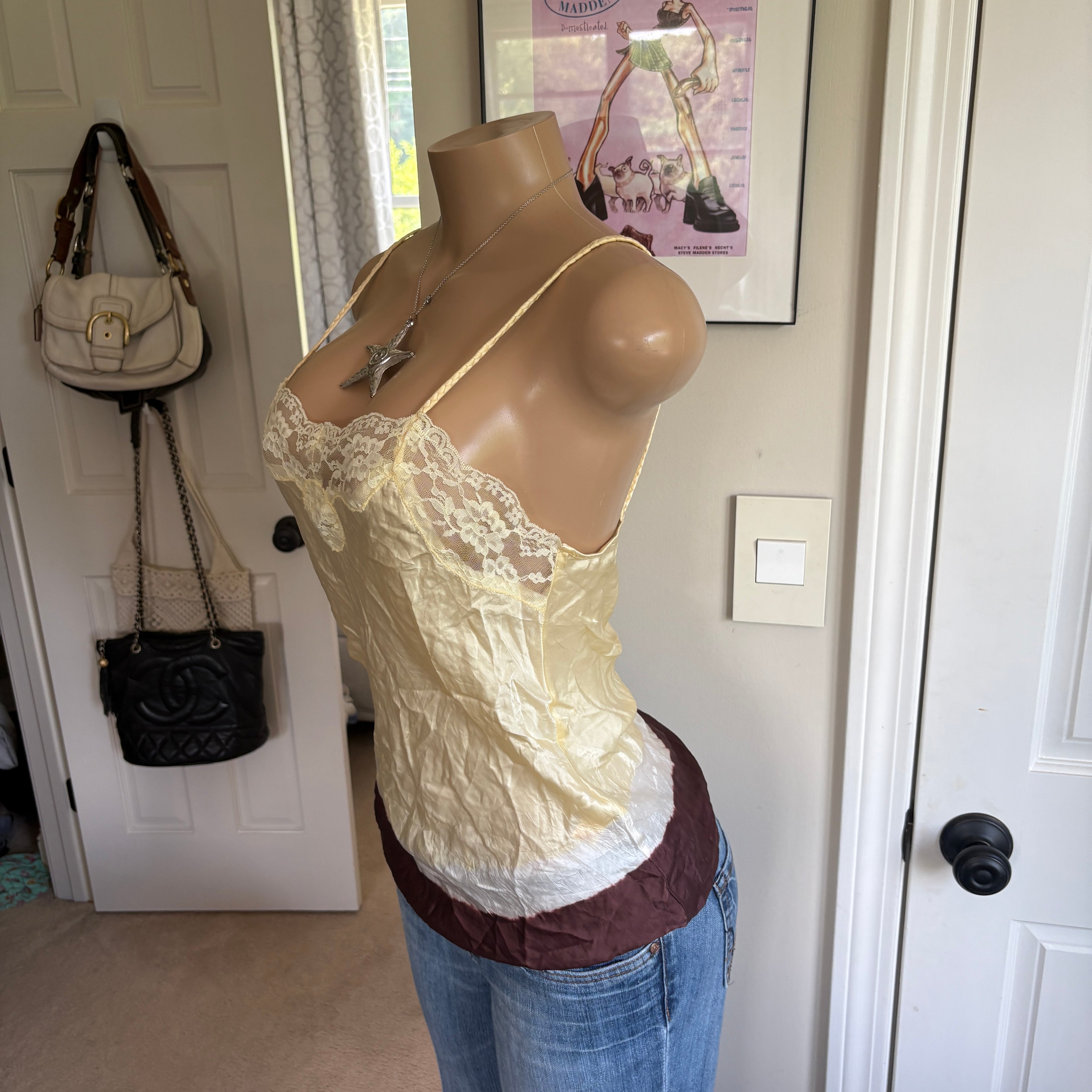 00s pastel yellow & brown silk lace cami (size S)