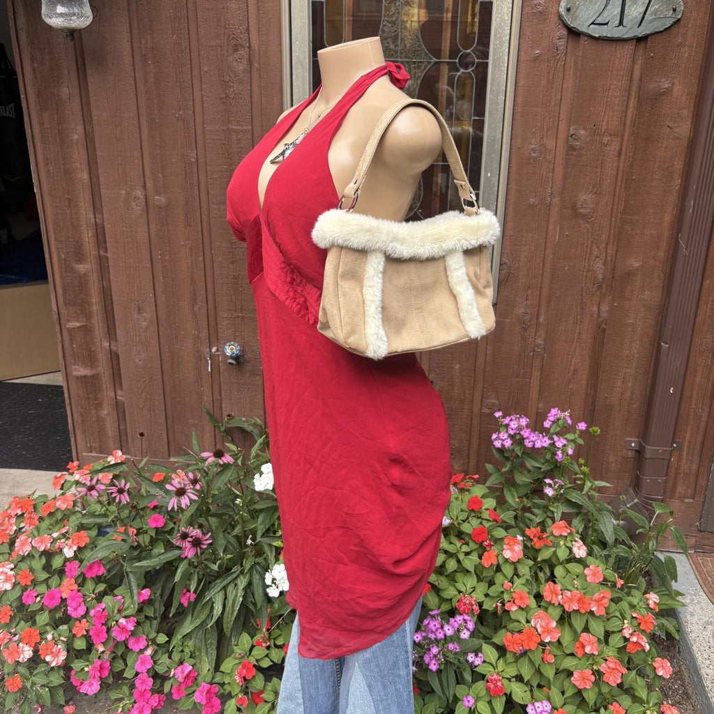 Y2K 2000s Express silk Red Halter Plunge babydoll dress