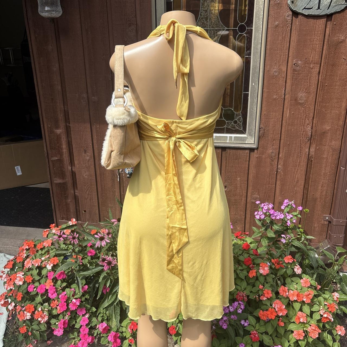 Y2K 2000s Yellow Rhinestone Buckle Halter tie back Dress