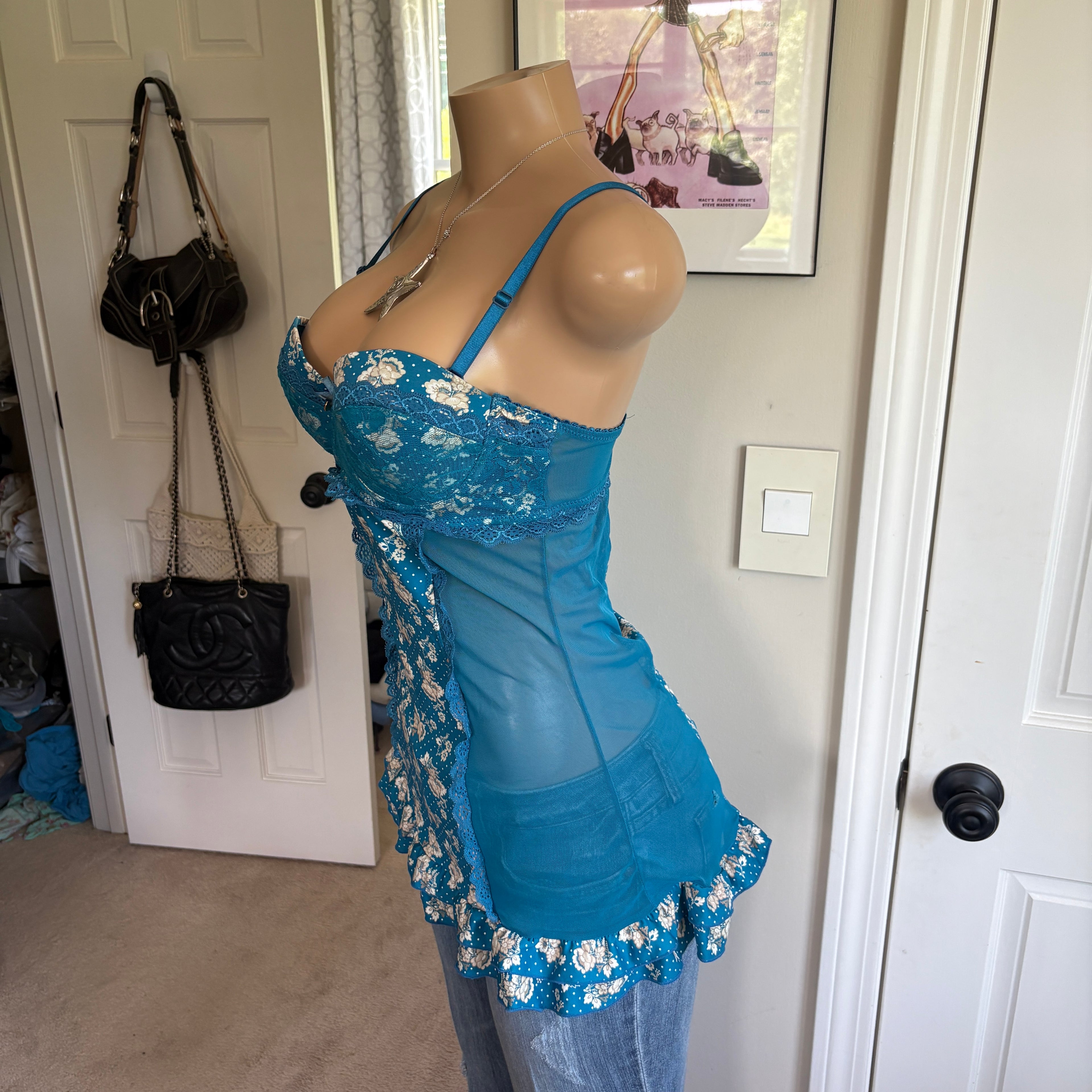 00s blue floral bustier lingerie top (size L)