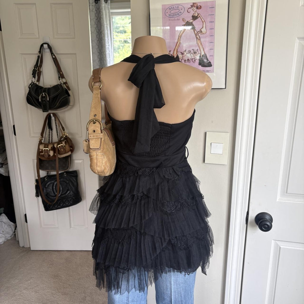 y2k 2000s Morgan de Toi black lace ruffle halter dress