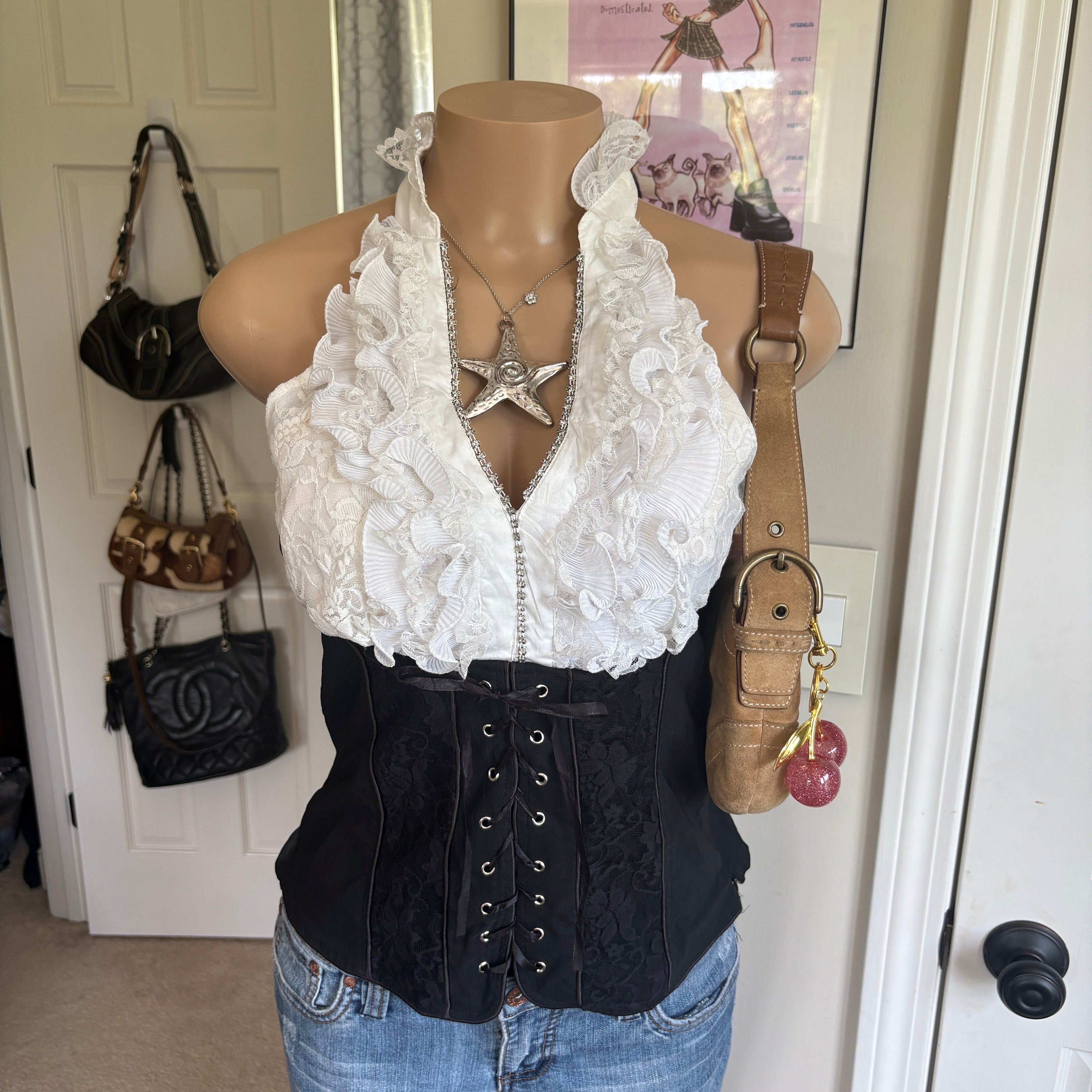 00s black & white milkmaid halter top (size L)