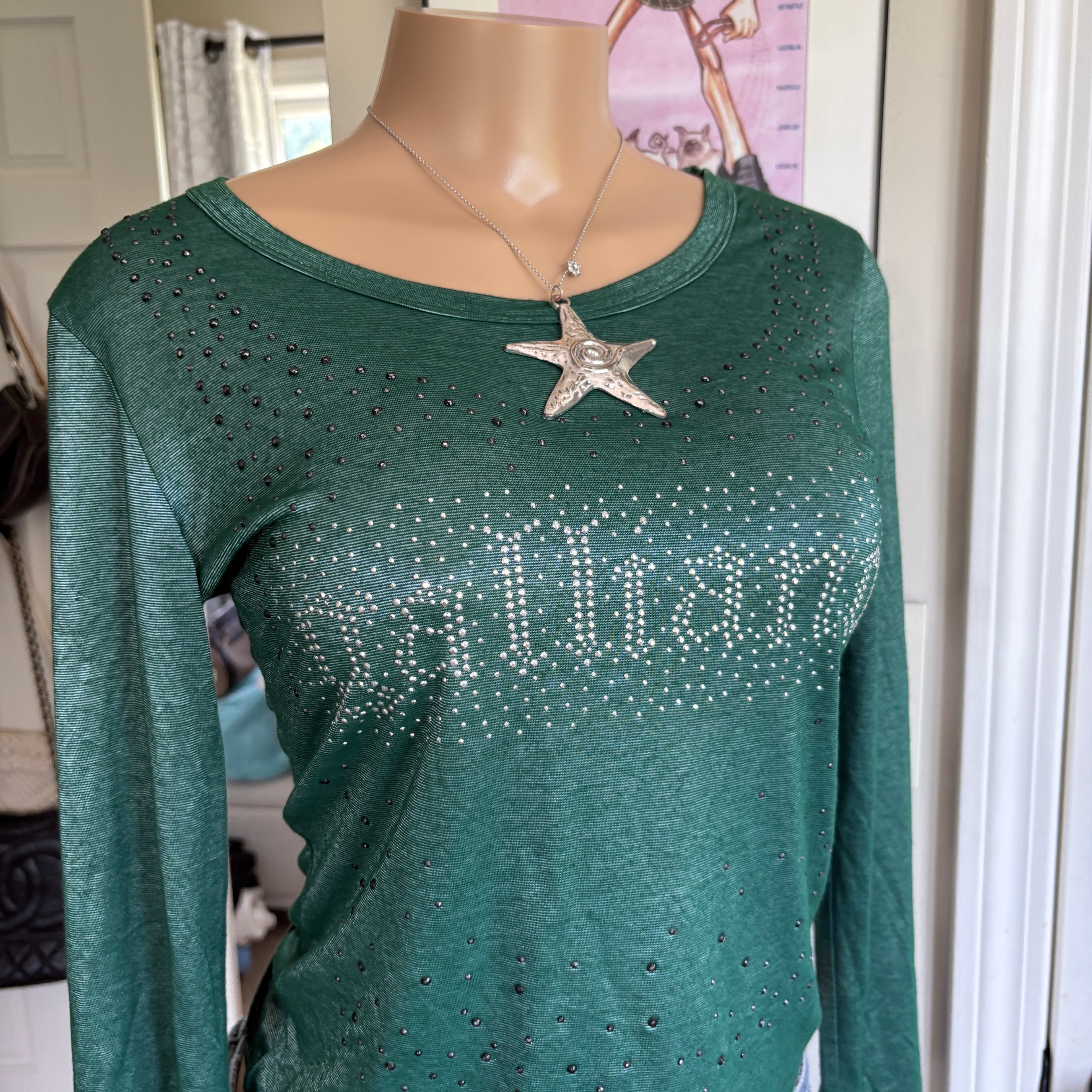 00s John Galliano green spellout long sleeve (size L)