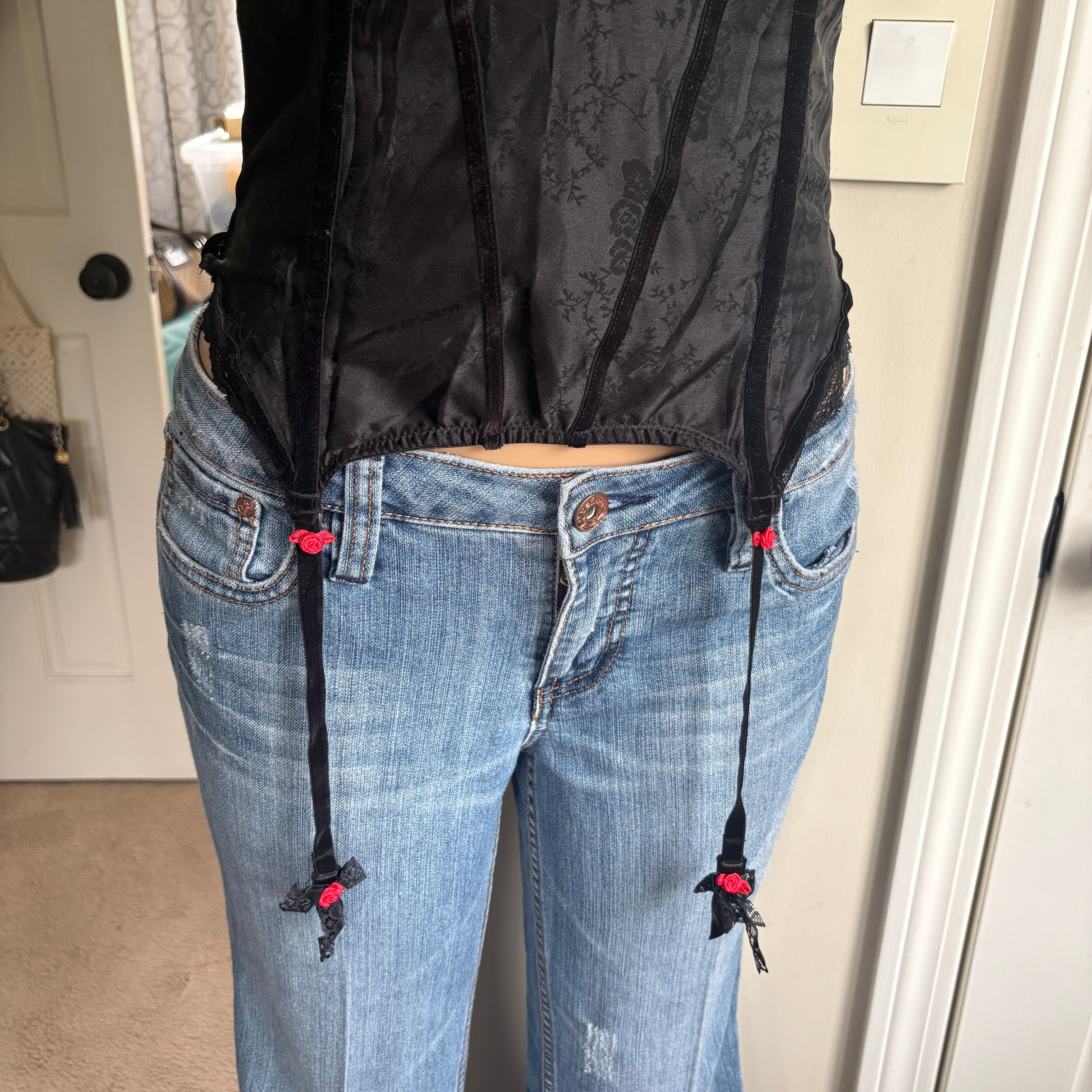 00s black floral rosette corset bustier top (size 36B)