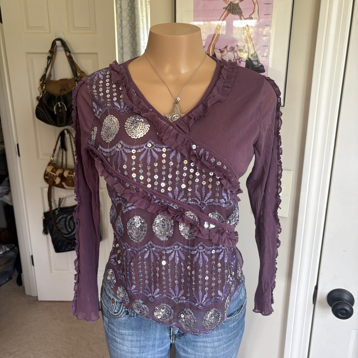 00s purple sequin long sleeve top (size L)