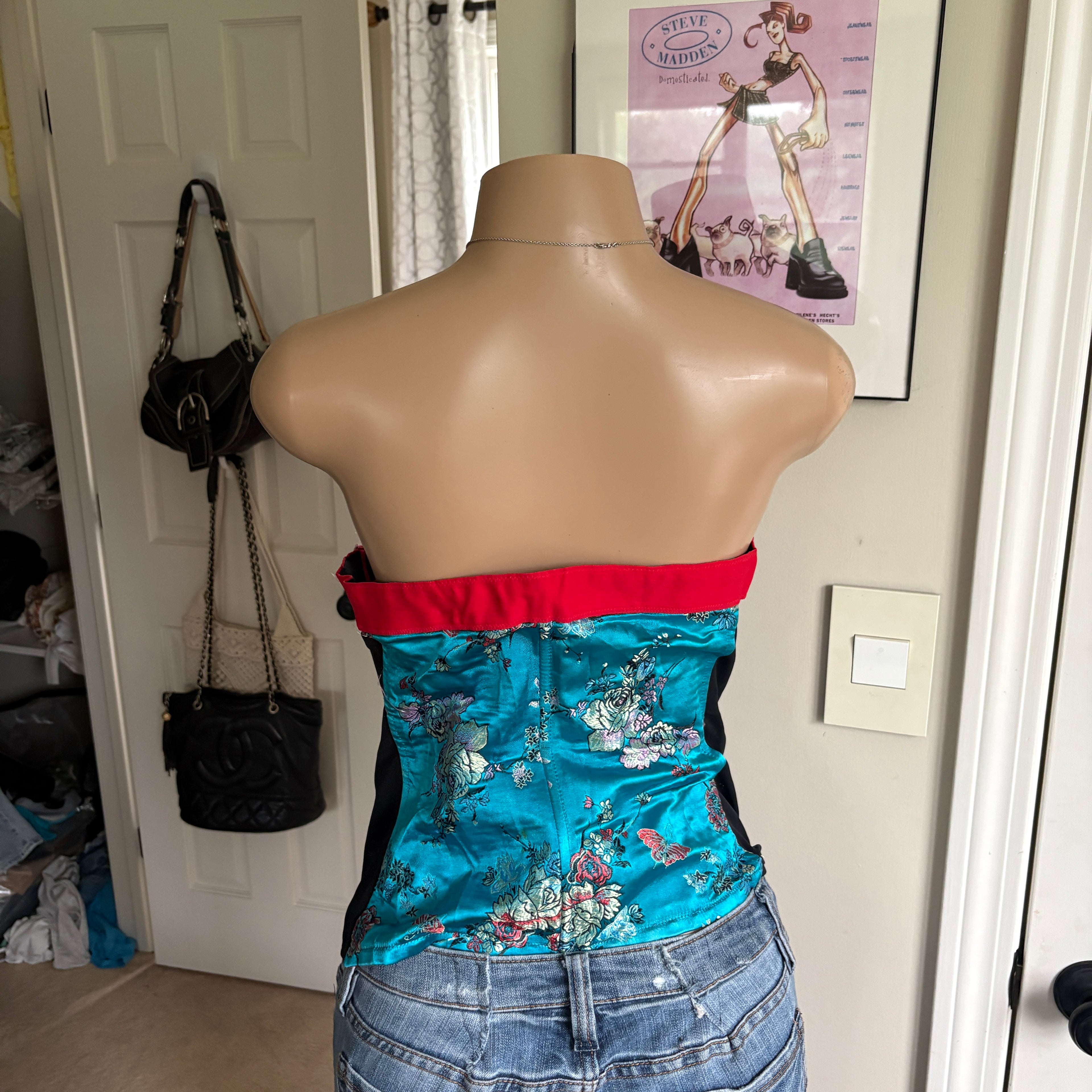 00s blue floral strapless corset top (size L)