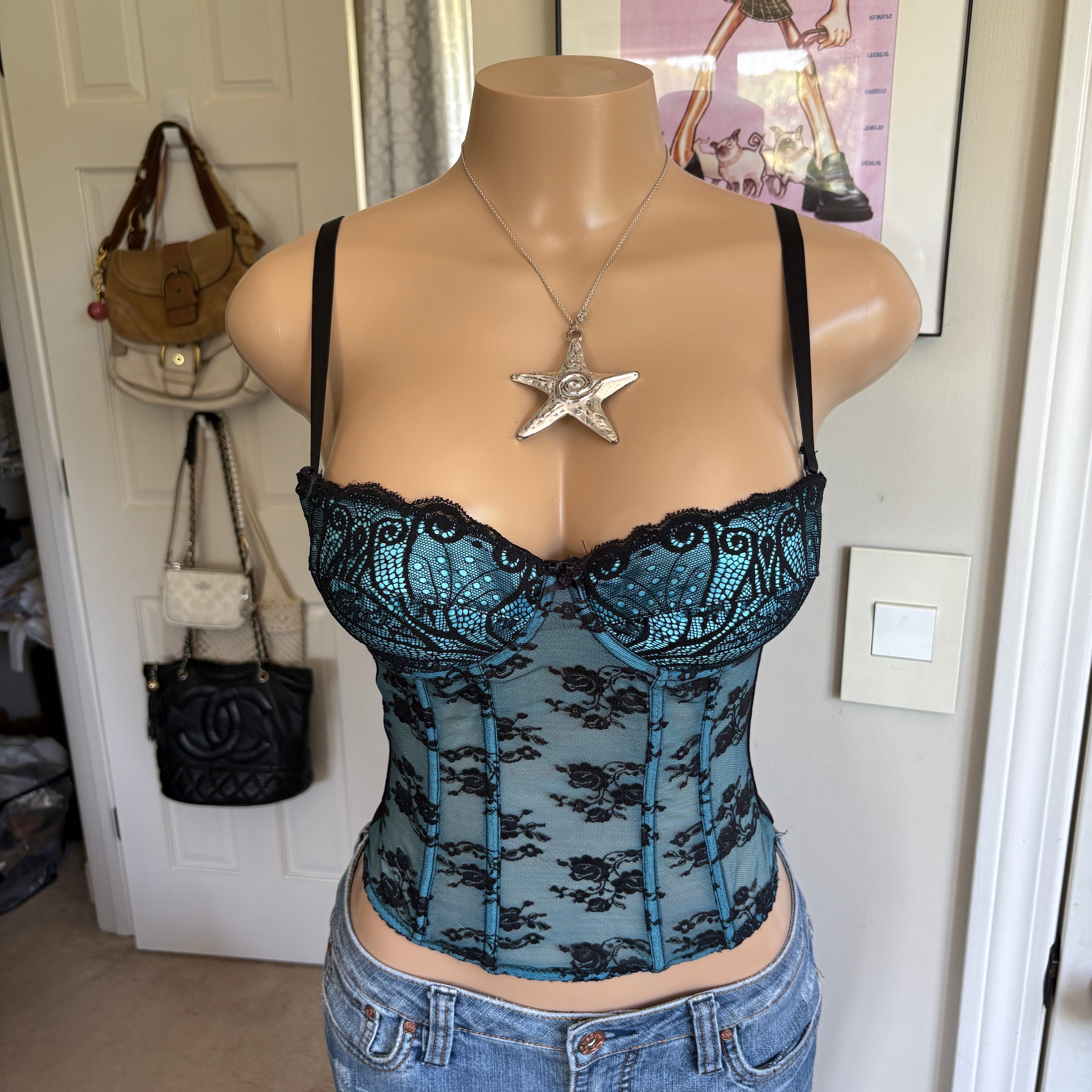 00s blue & black floral corset top (size 34C)