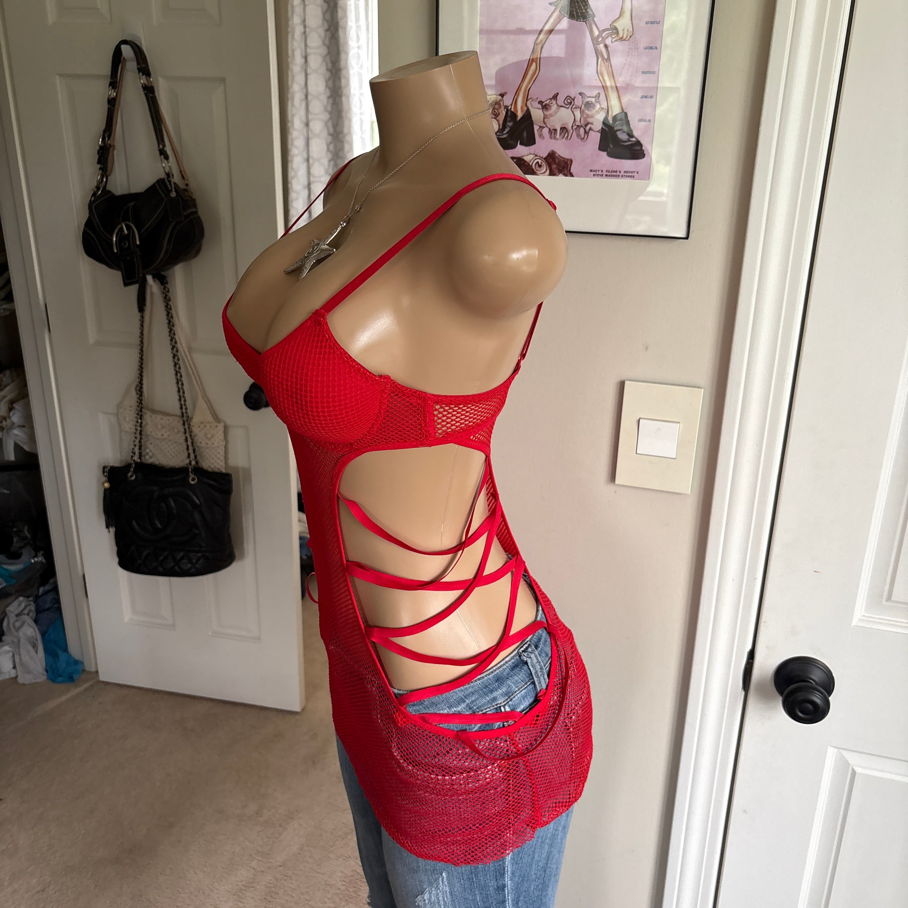 00s red mesh cutout lingerie cami (size M)