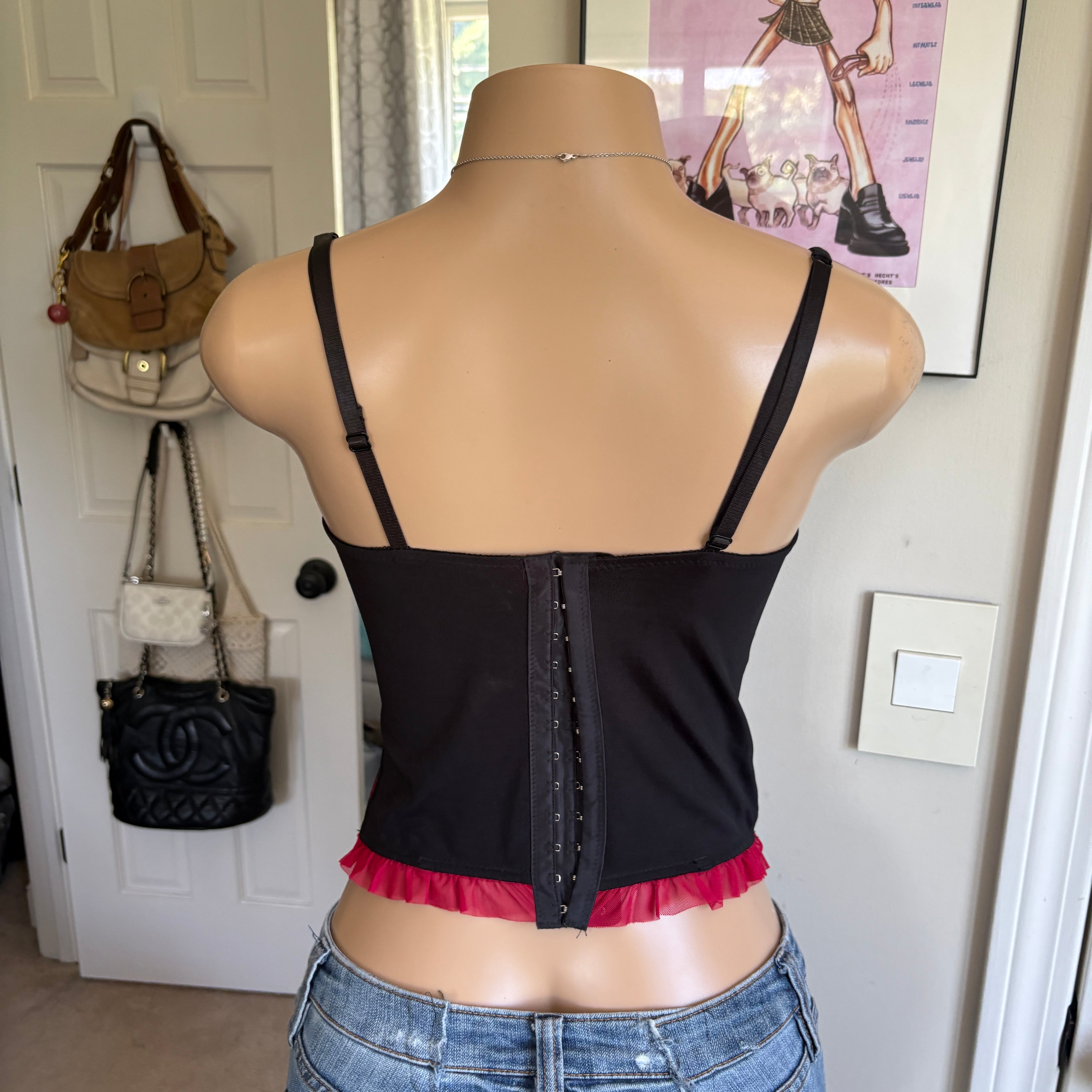 00s red & black lace floral corset top (size 34B)