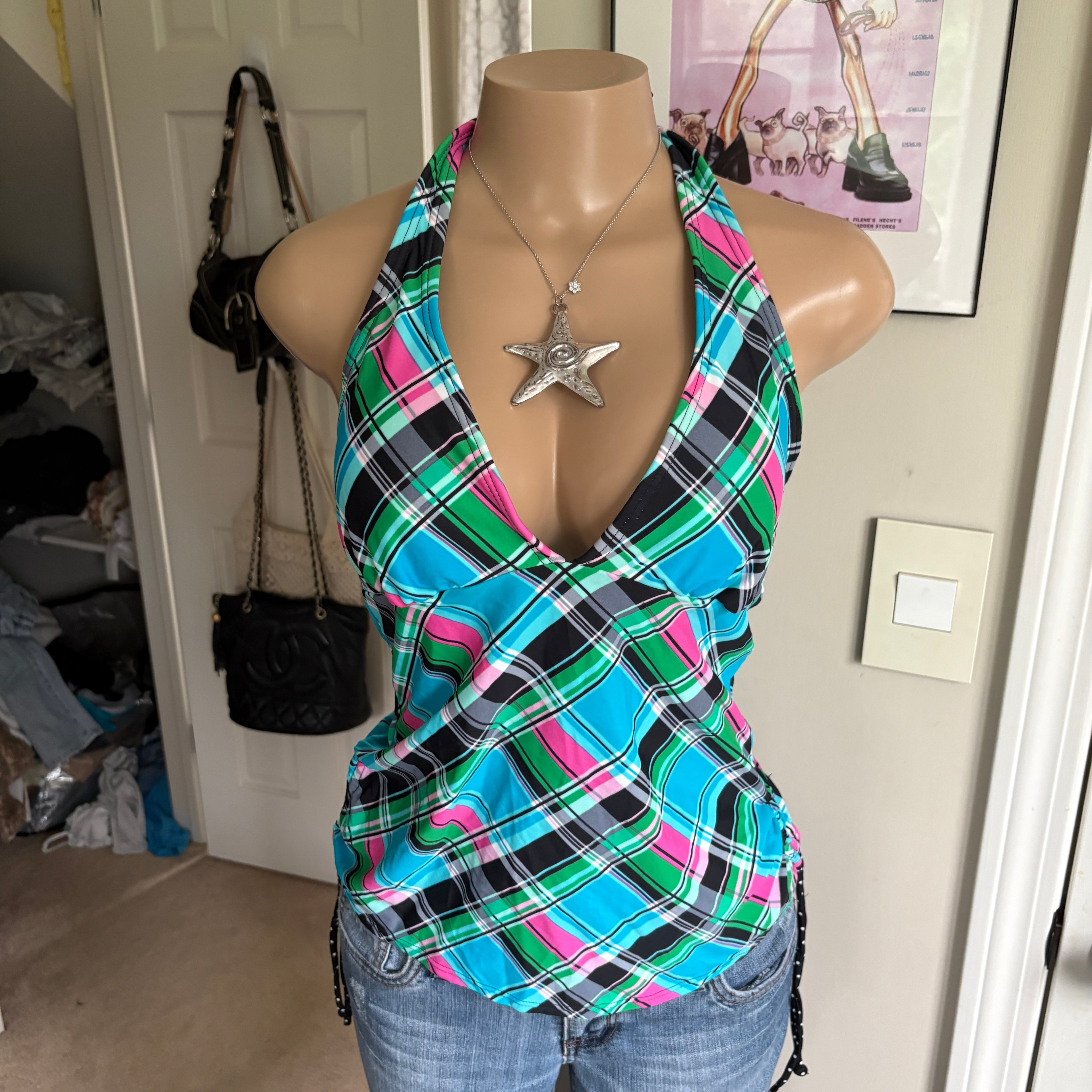 00s blue plaid halter top (size M)