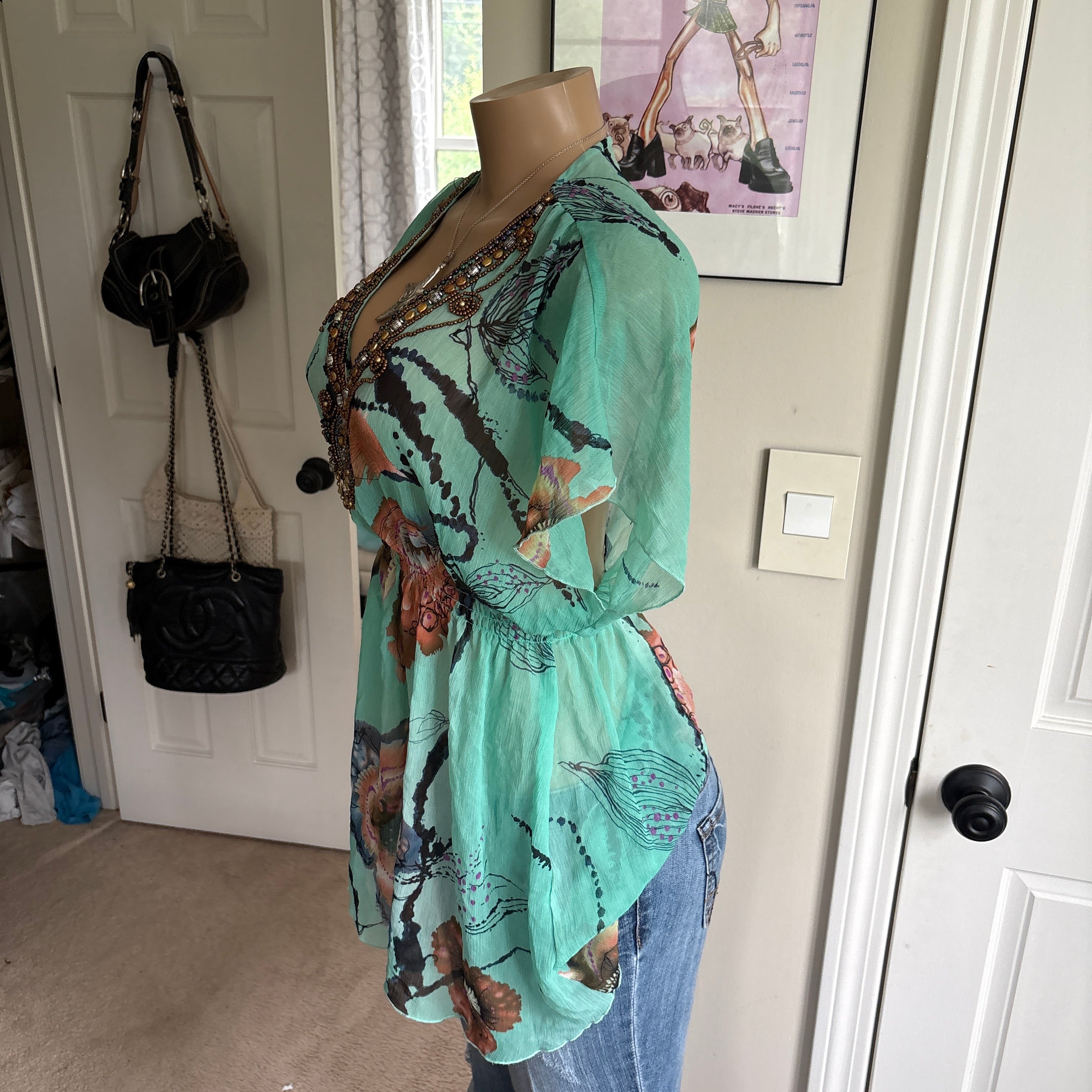 00s unique teal beaded floral short sleeve (size XL)