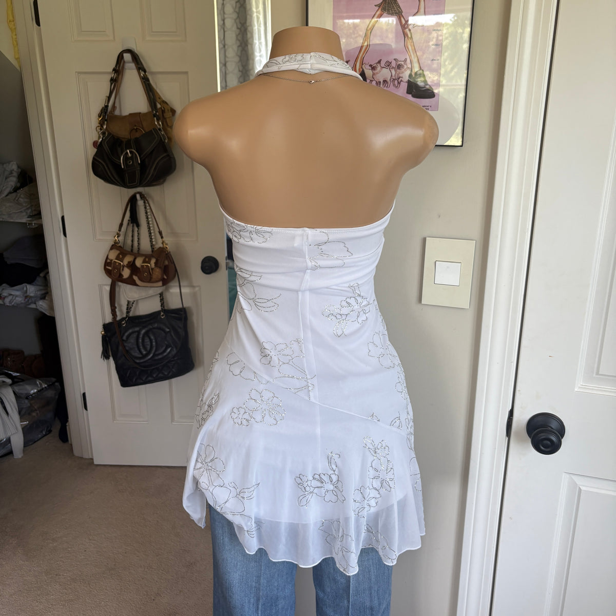 00s white floral halter dress (size S)