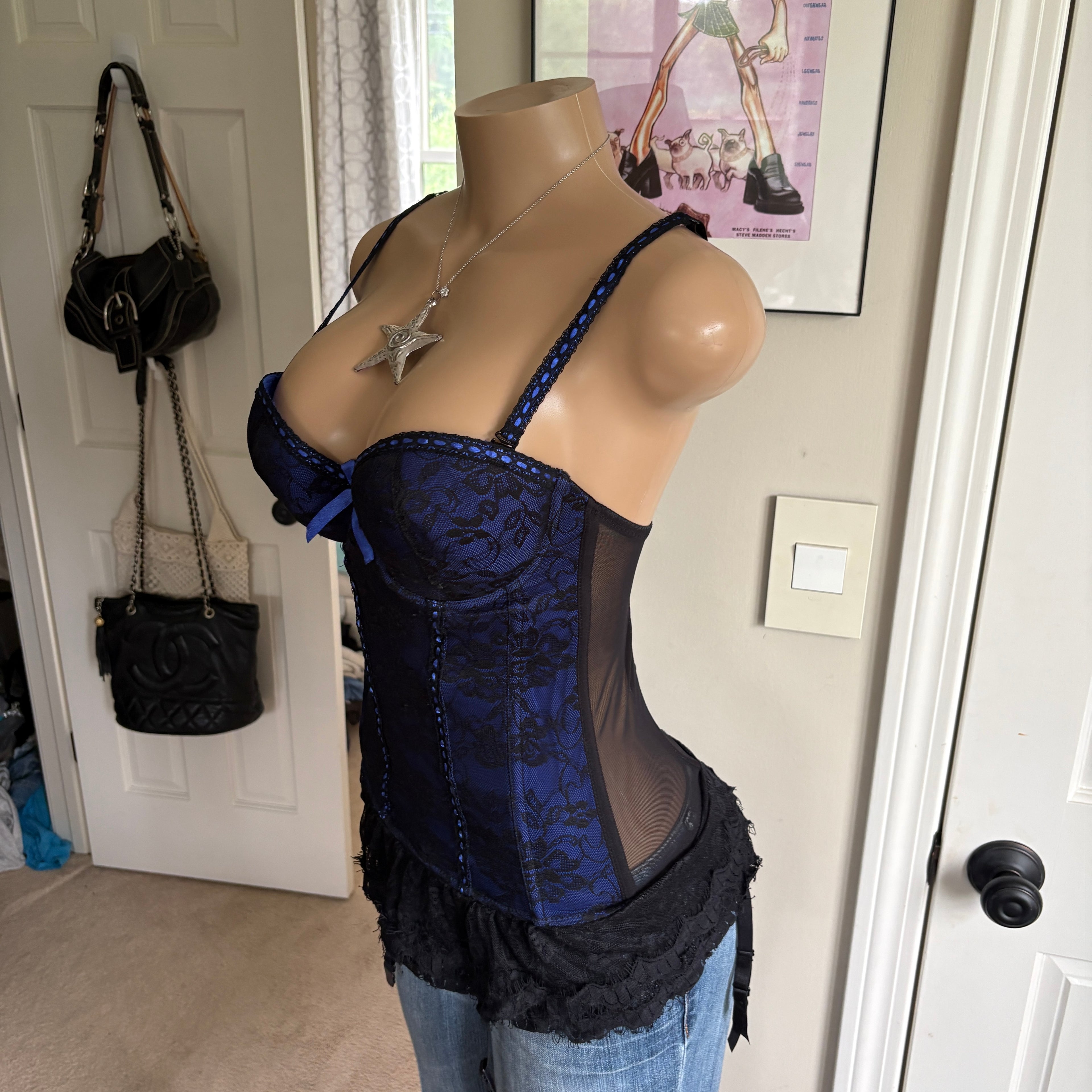 00s blue & black lace bustier corset top (size L)
