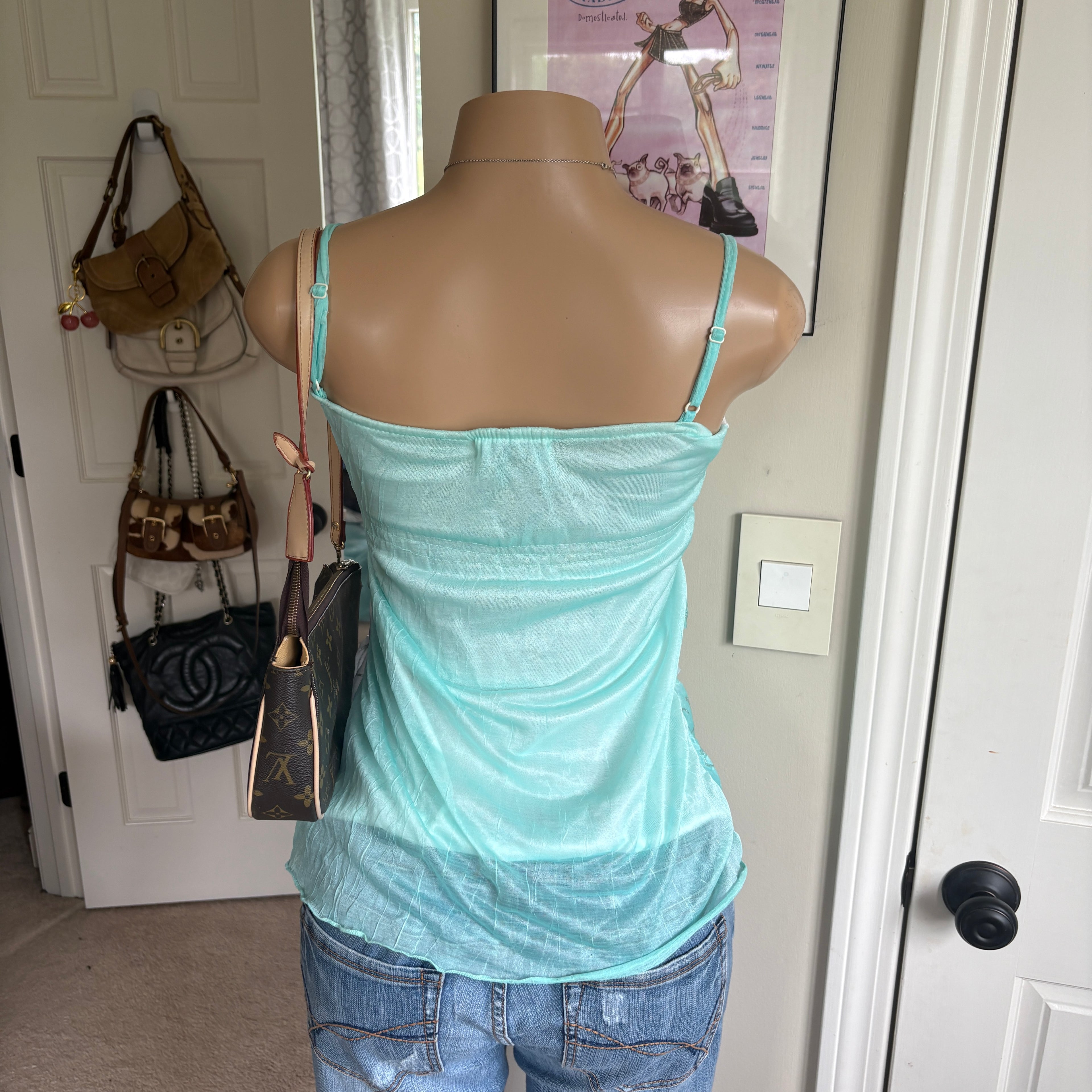 00s white & teal ruffle cami top (size M)