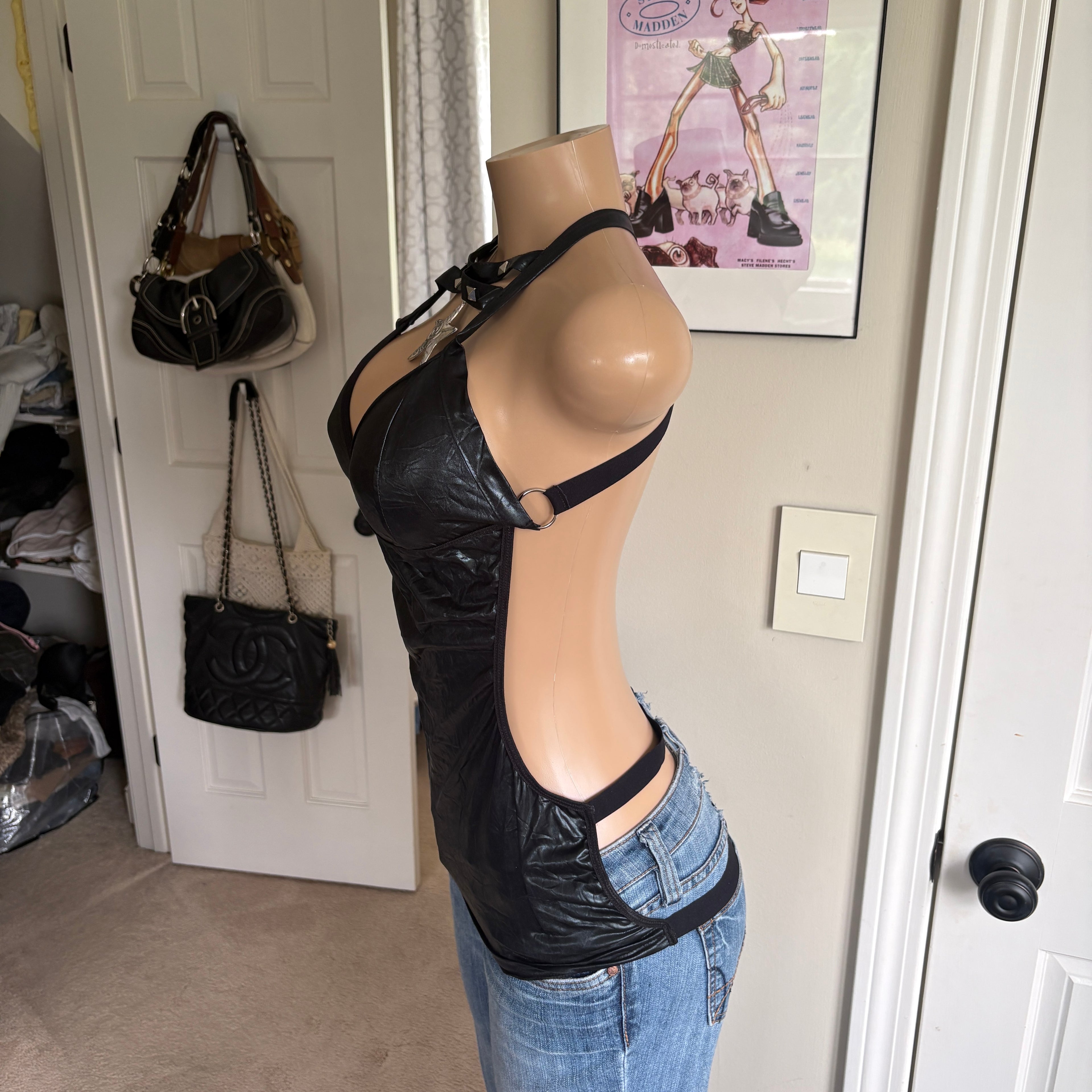 00s studded black latex open back top (size M)