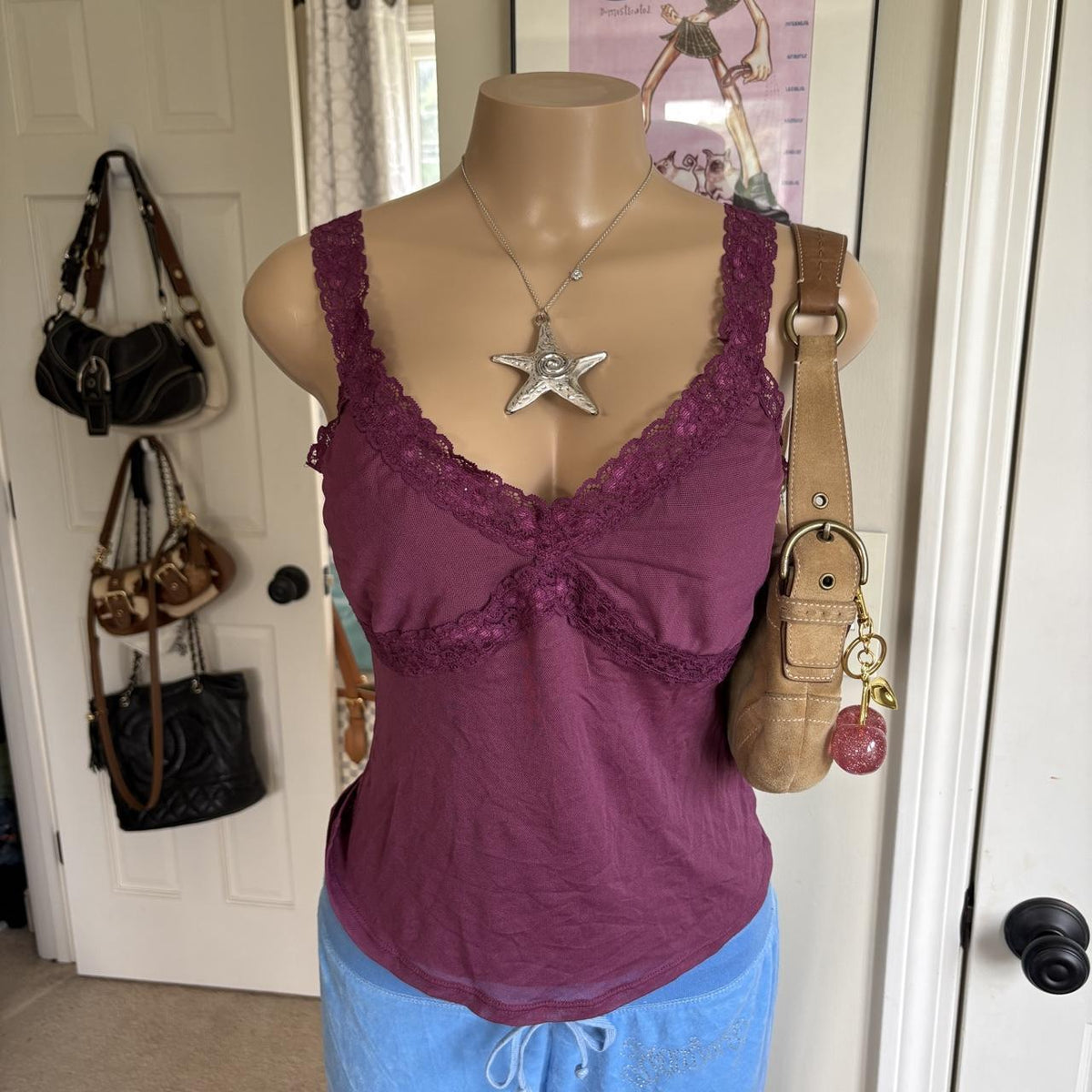 y2k 2000s fairy plum purple lace trim cami top