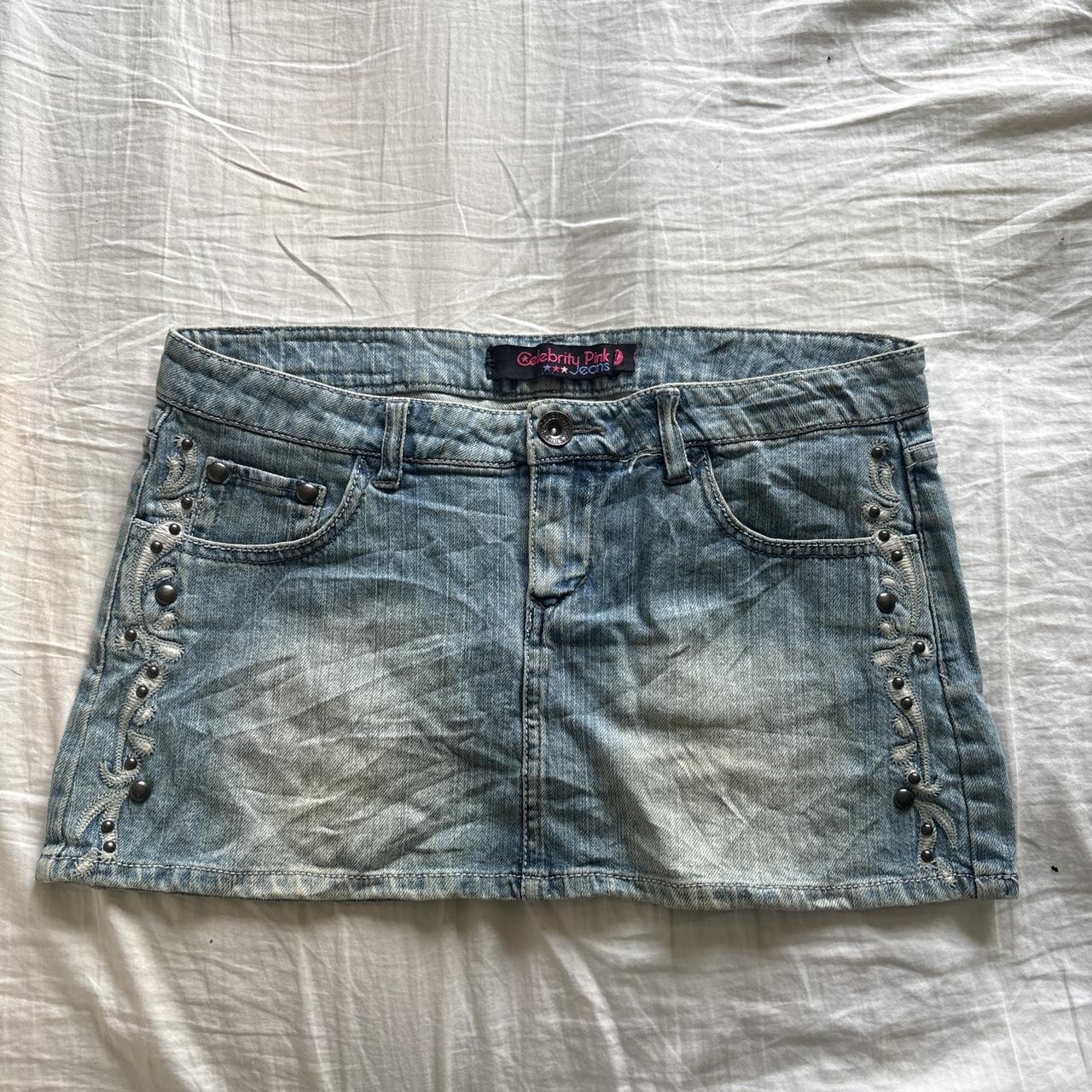 Y2K 2000s Celebrity Pink Studded Denim Mini Skirt