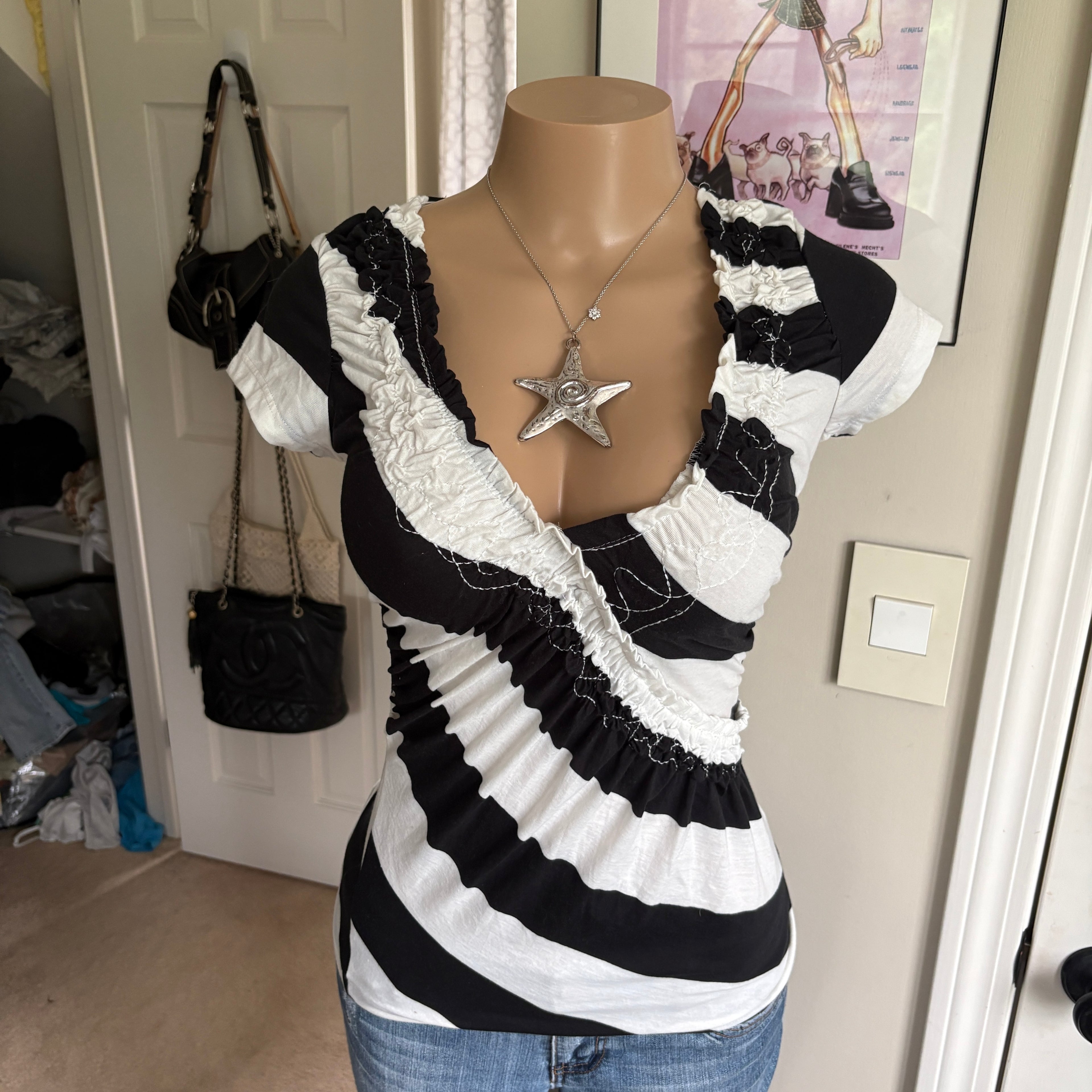 00s black & white striped v neck top (size S)