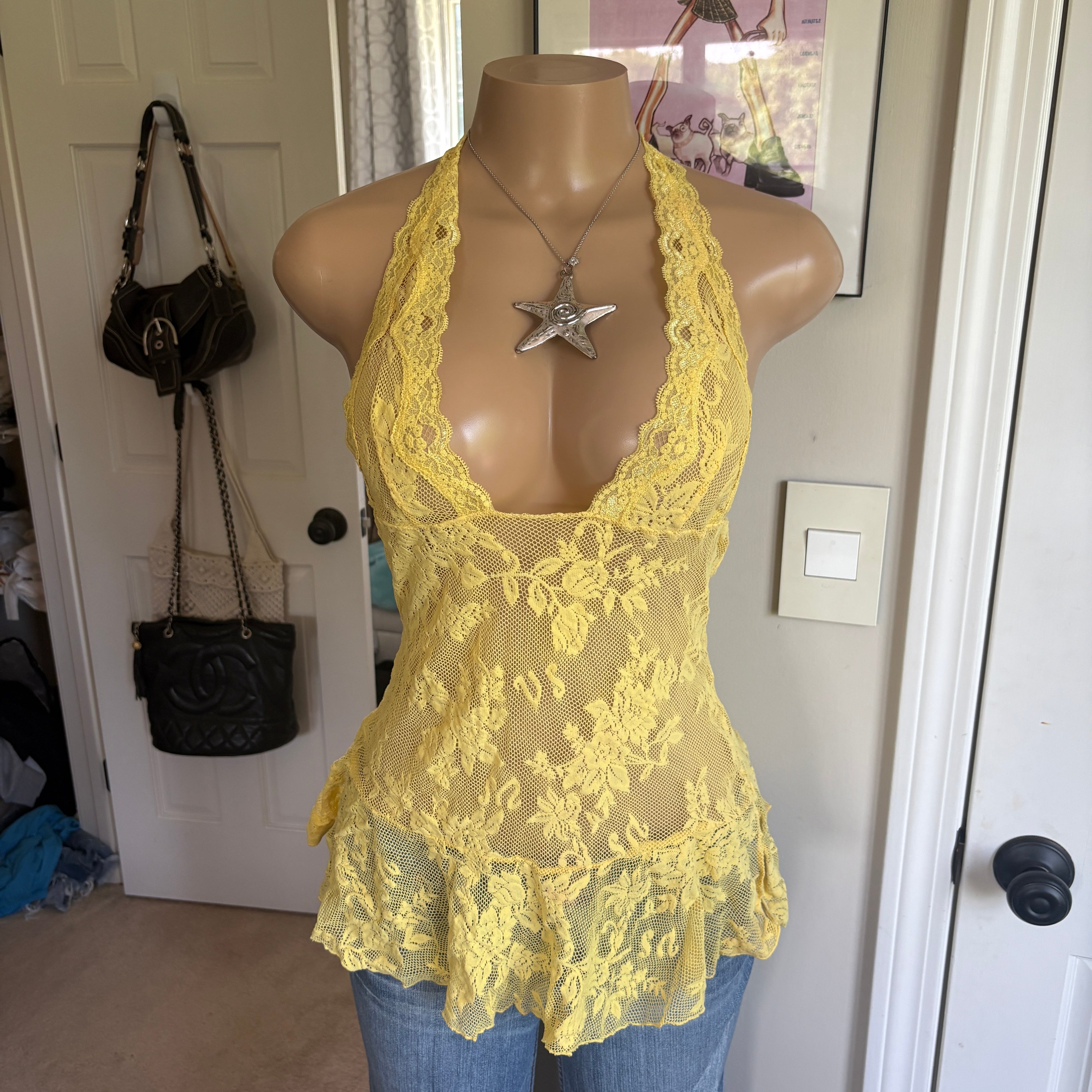00s Victoria's Secret yellow lace halter top (size M)
