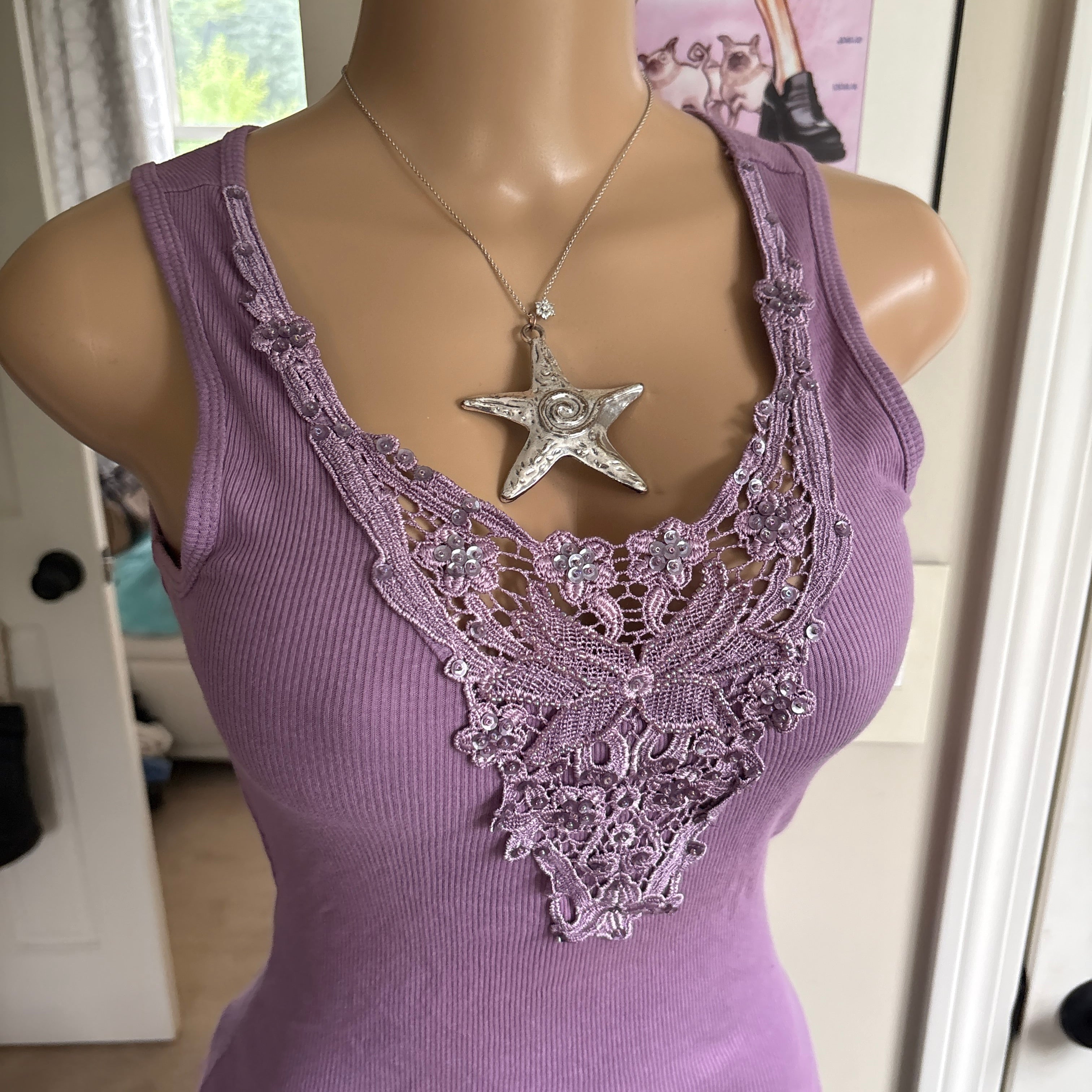 00s purple lace floral cotton tank top (size S)