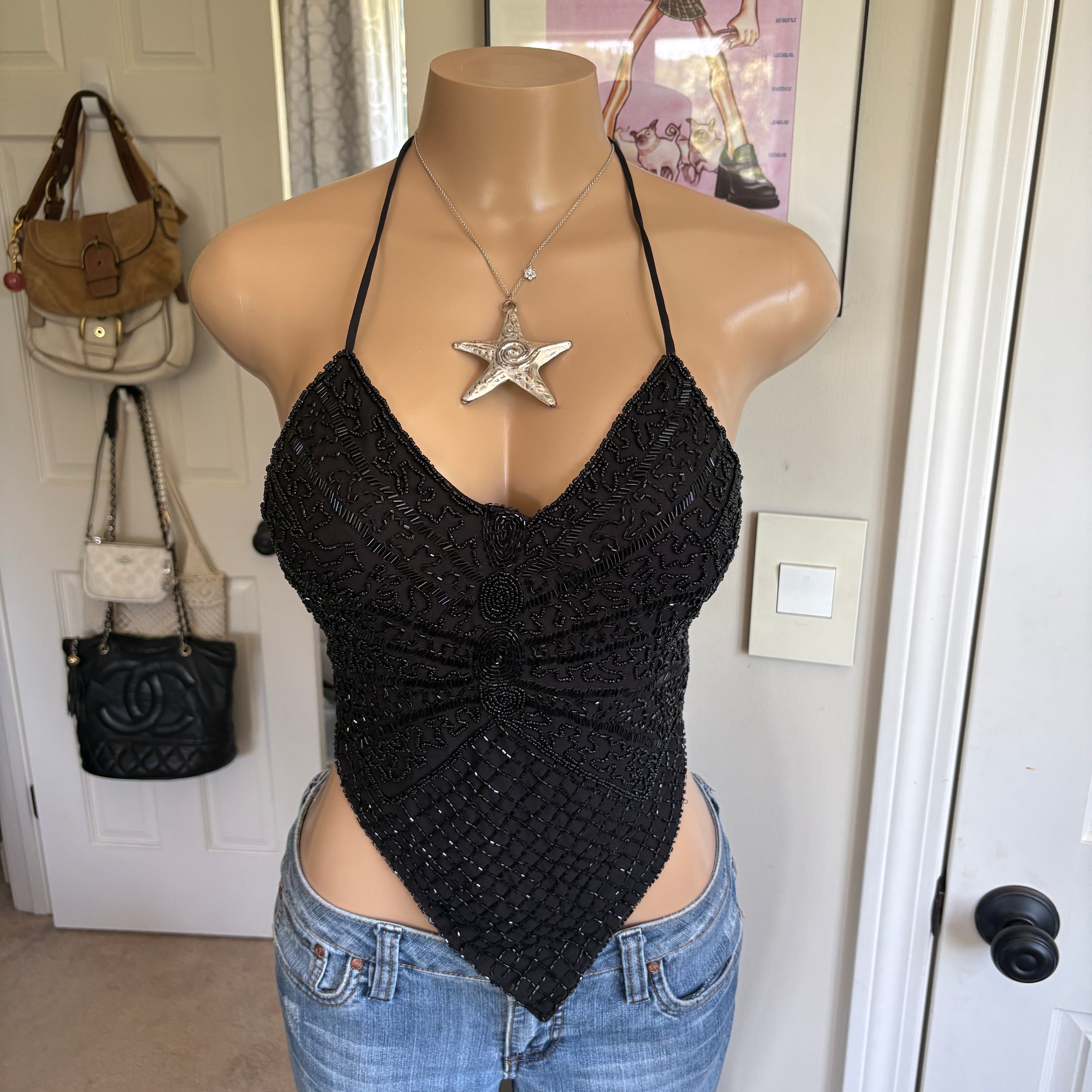 00s black beaded butterfly halter top (size S)
