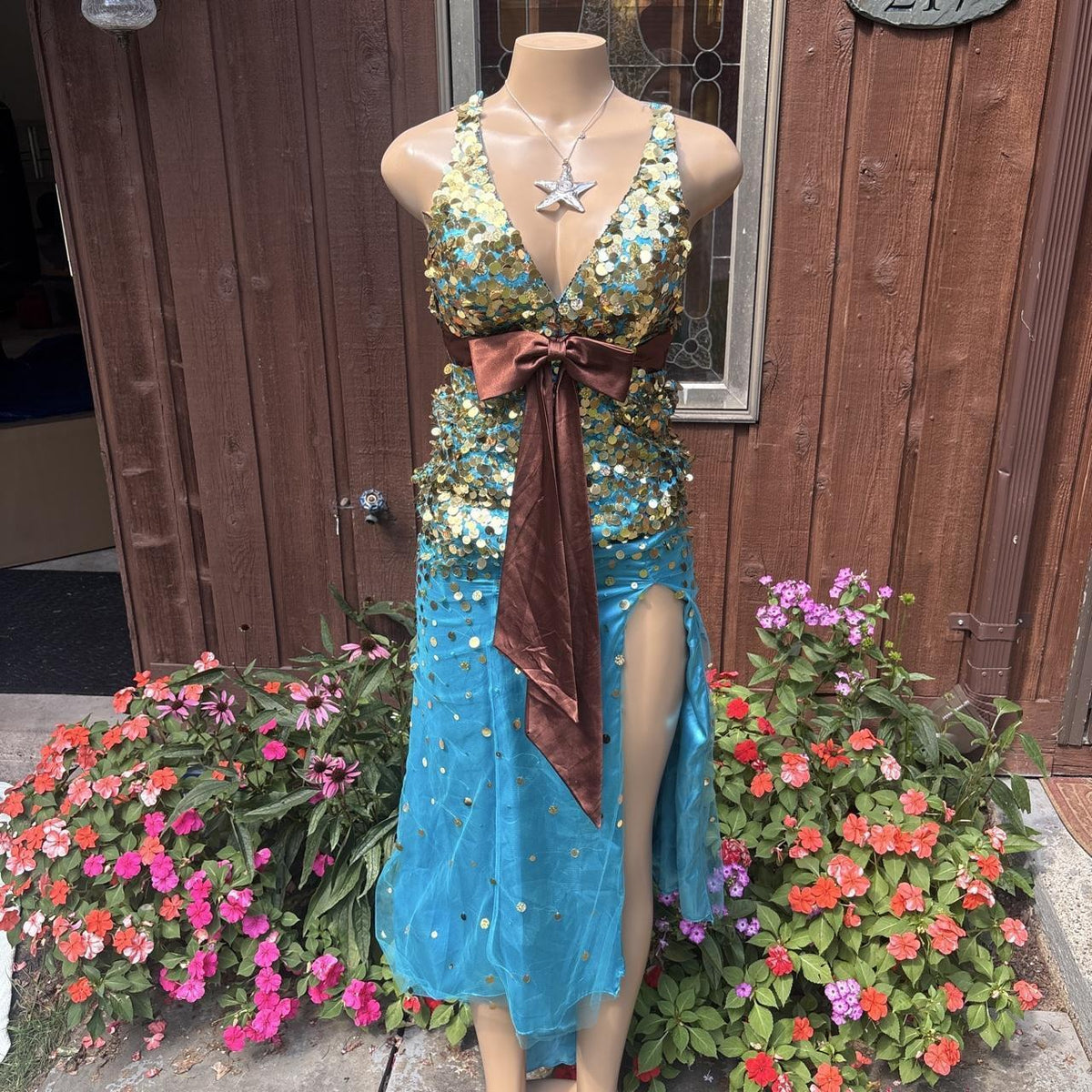 Y2K vintage Night Moves Turquoise Gold Sequin Cutout Maxi Prom Dress