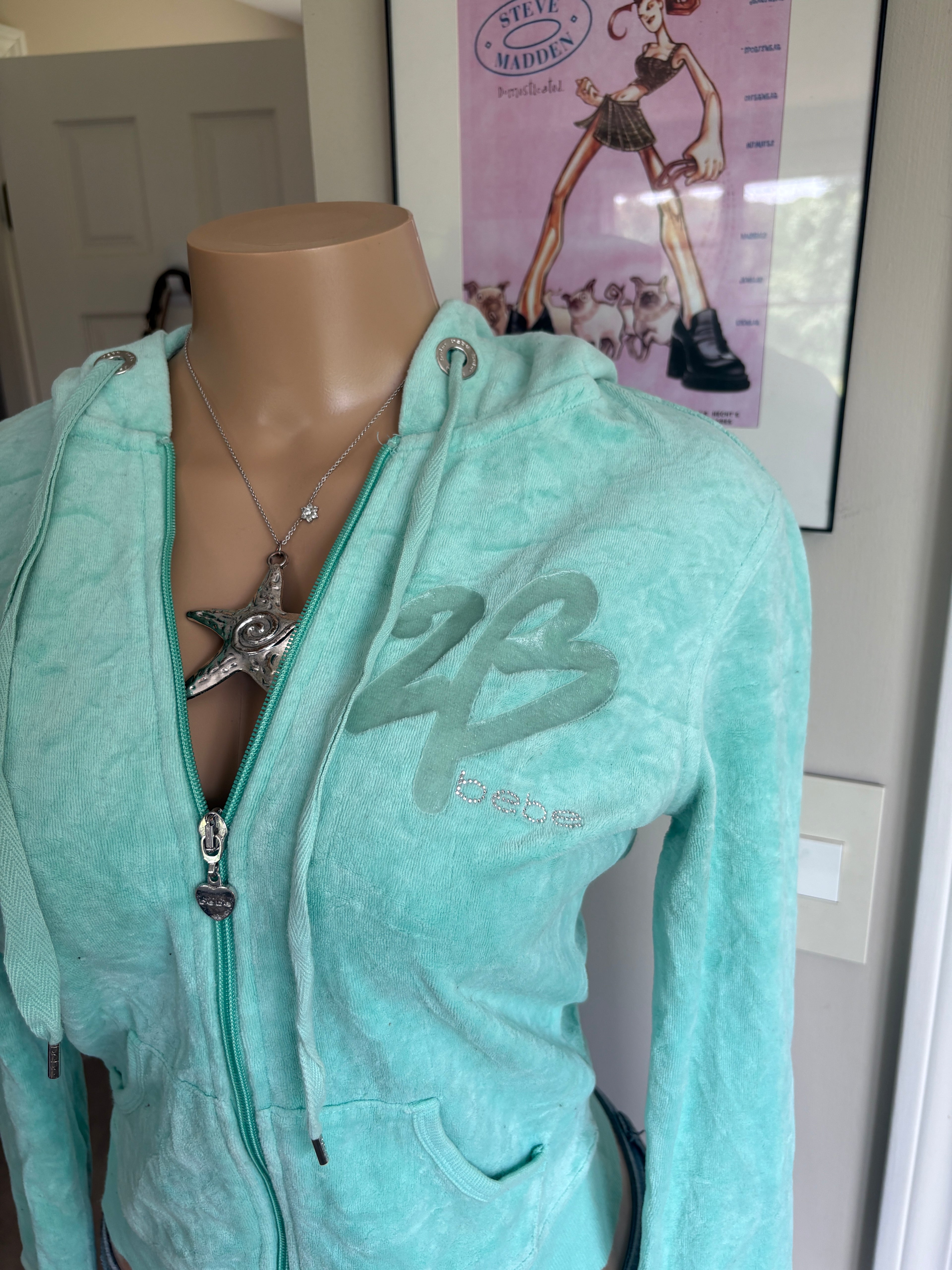 00s Bebe blue velour spellout zip hoodie (size S)