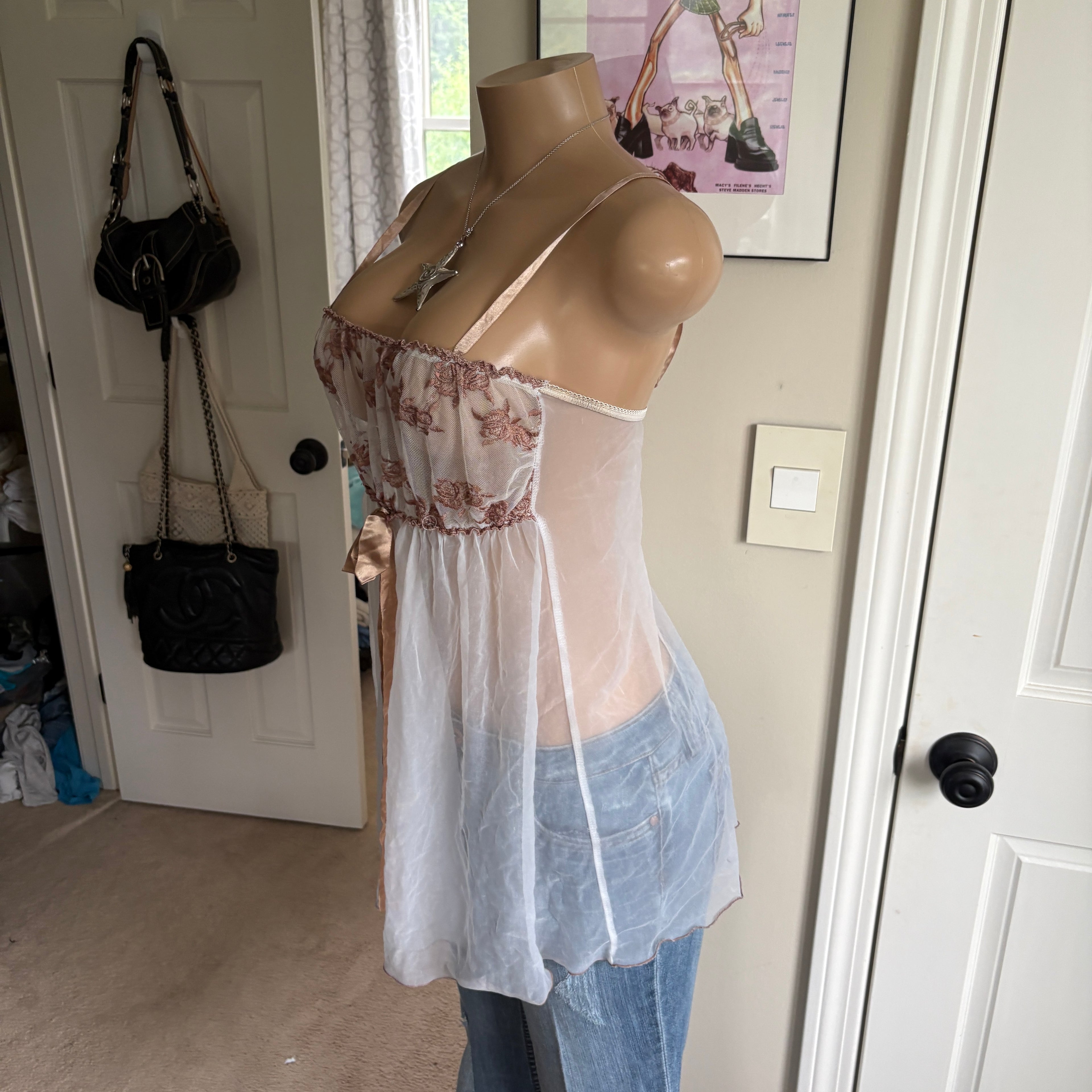 00s floral sheer babydoll lingerie cami (size L)