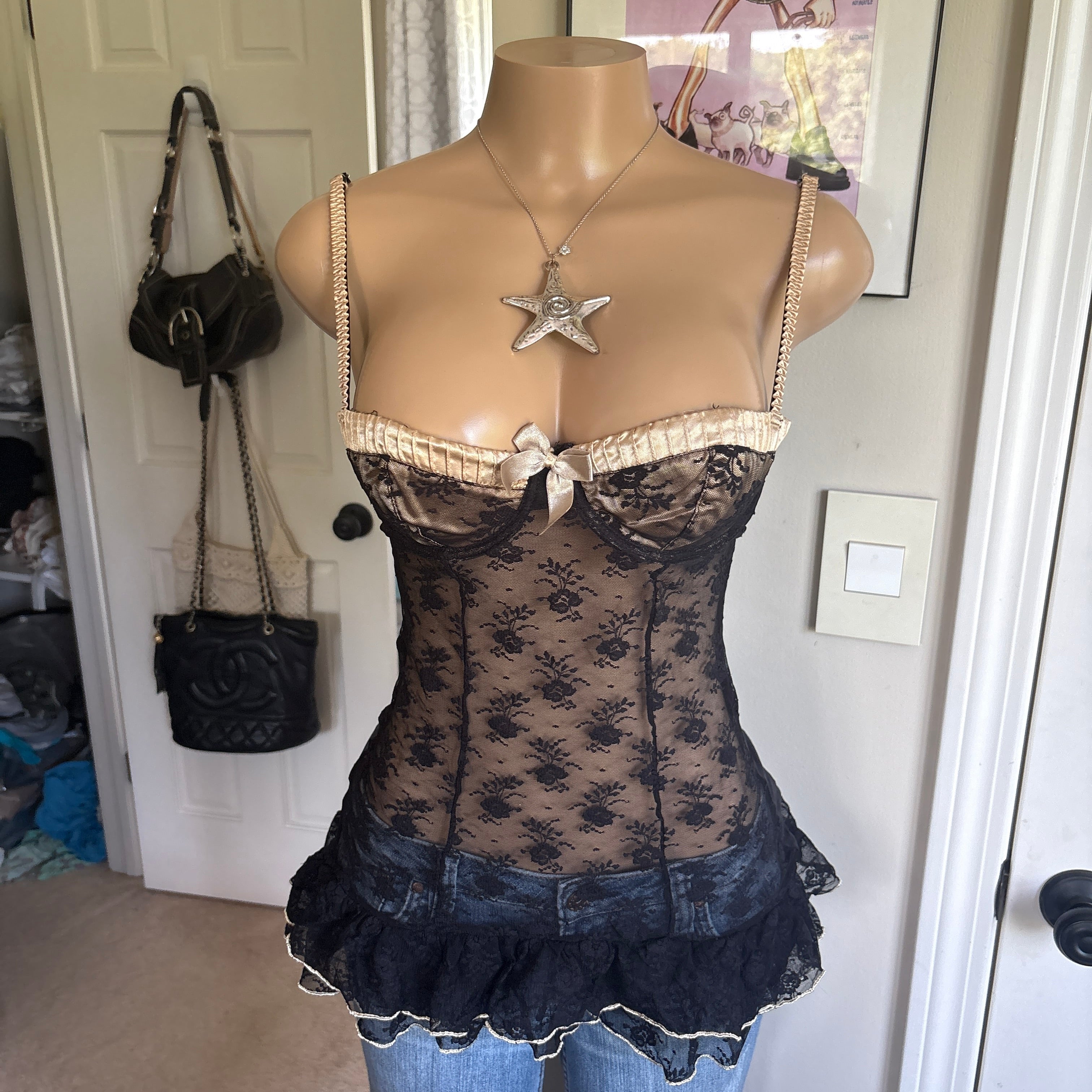 00s black lace lingerie bustier top (size S)
