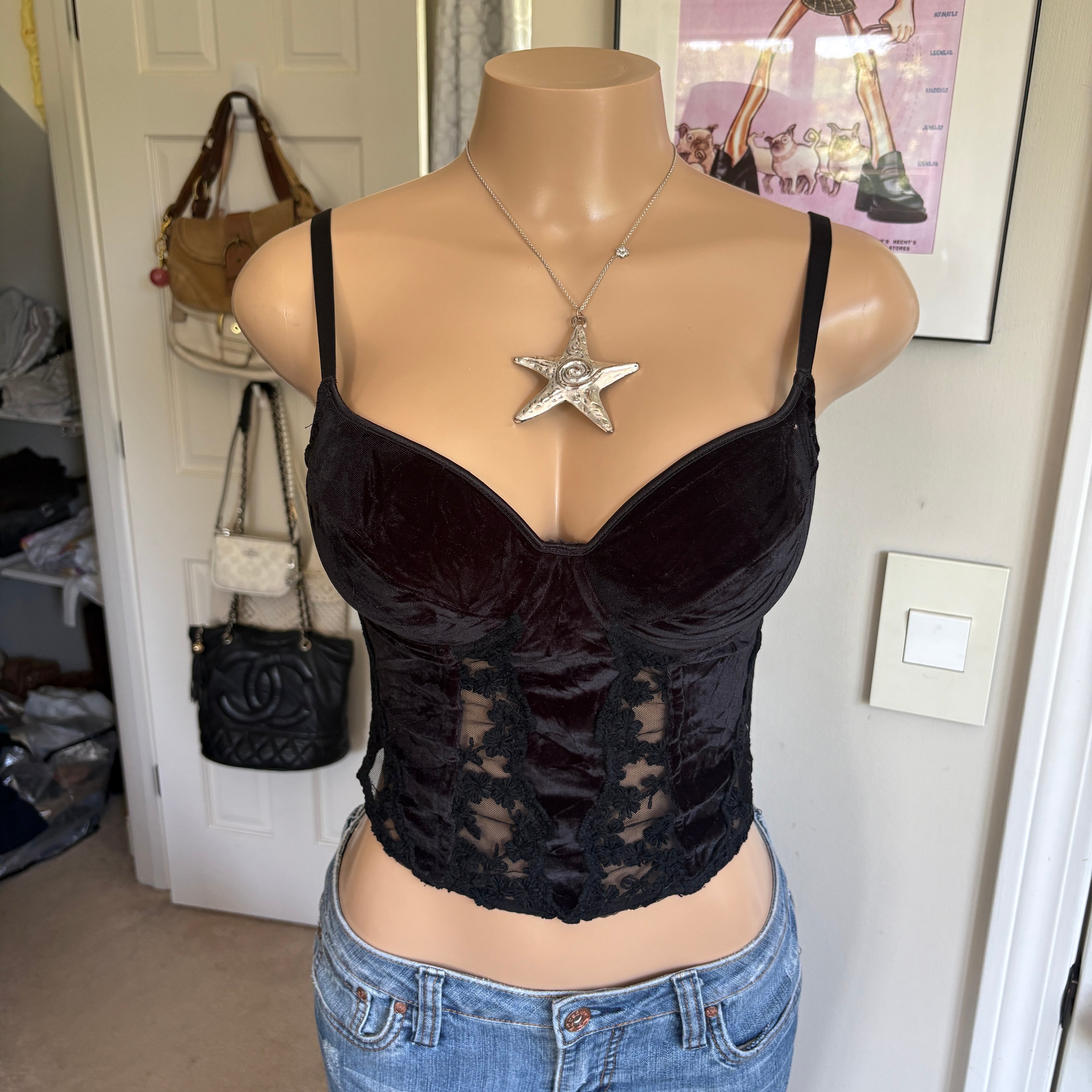 00s black velvet floral corset cami top (size 34B)