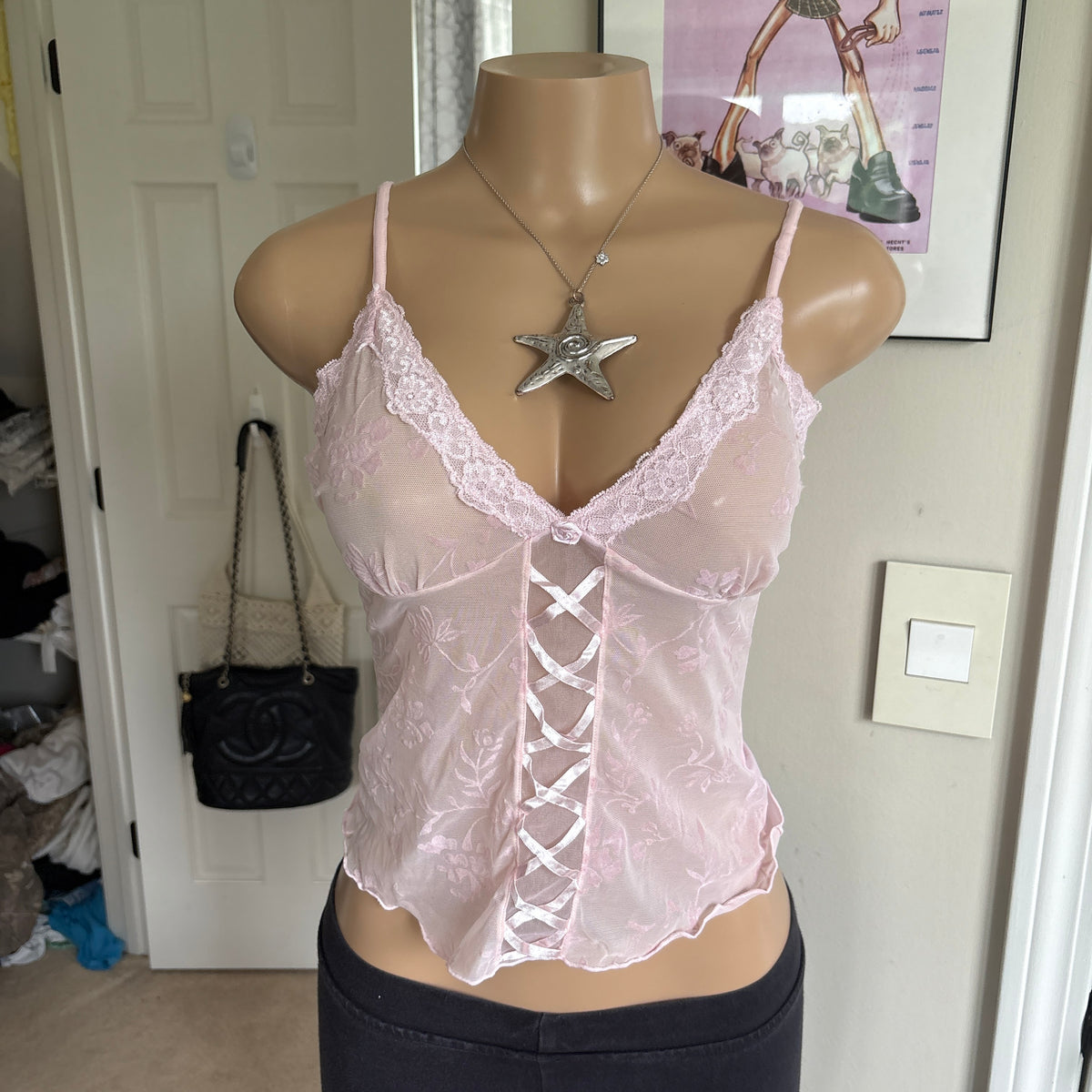 00s baby pink sheer lace up cami (size M/L)