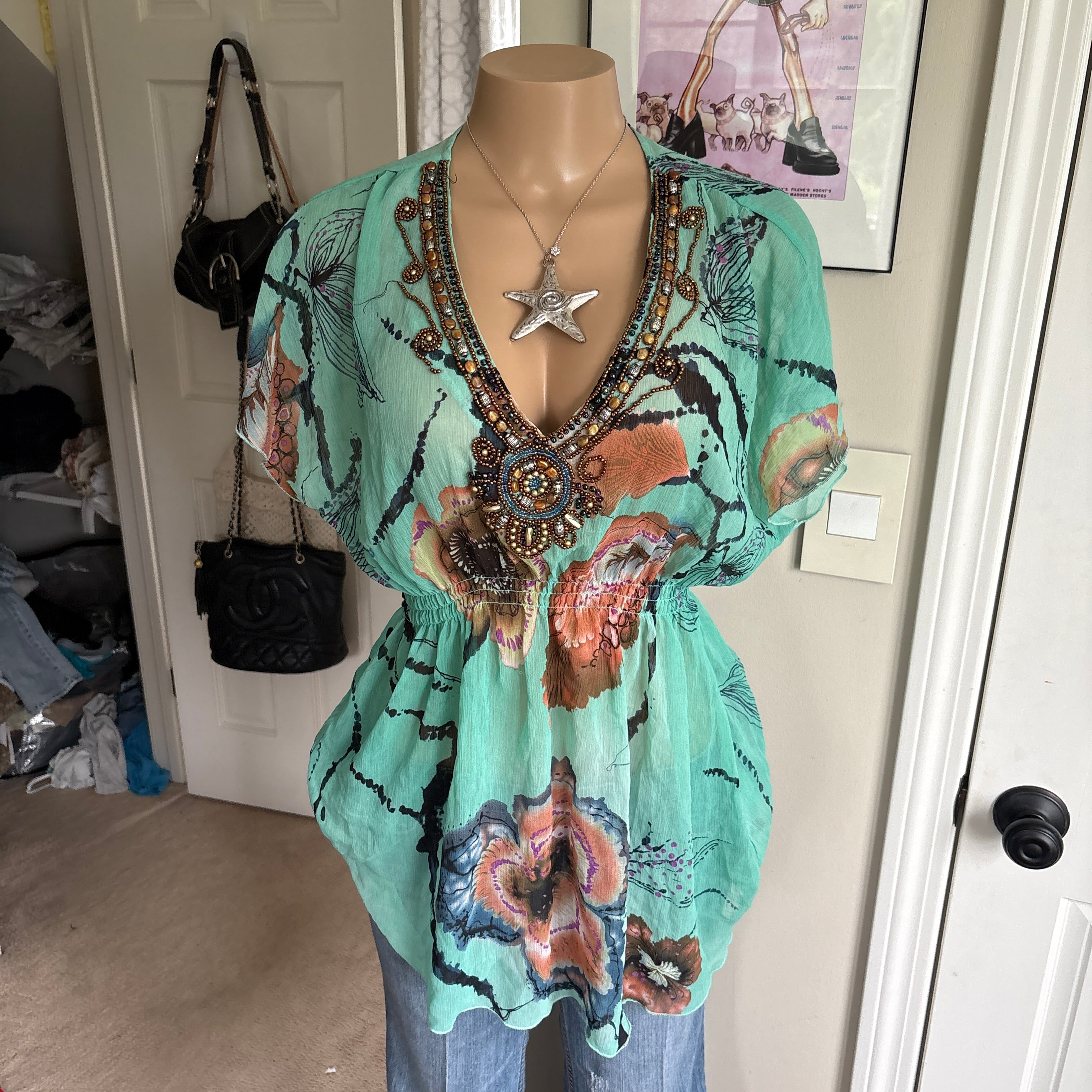 00s unique teal beaded floral short sleeve (size XL)