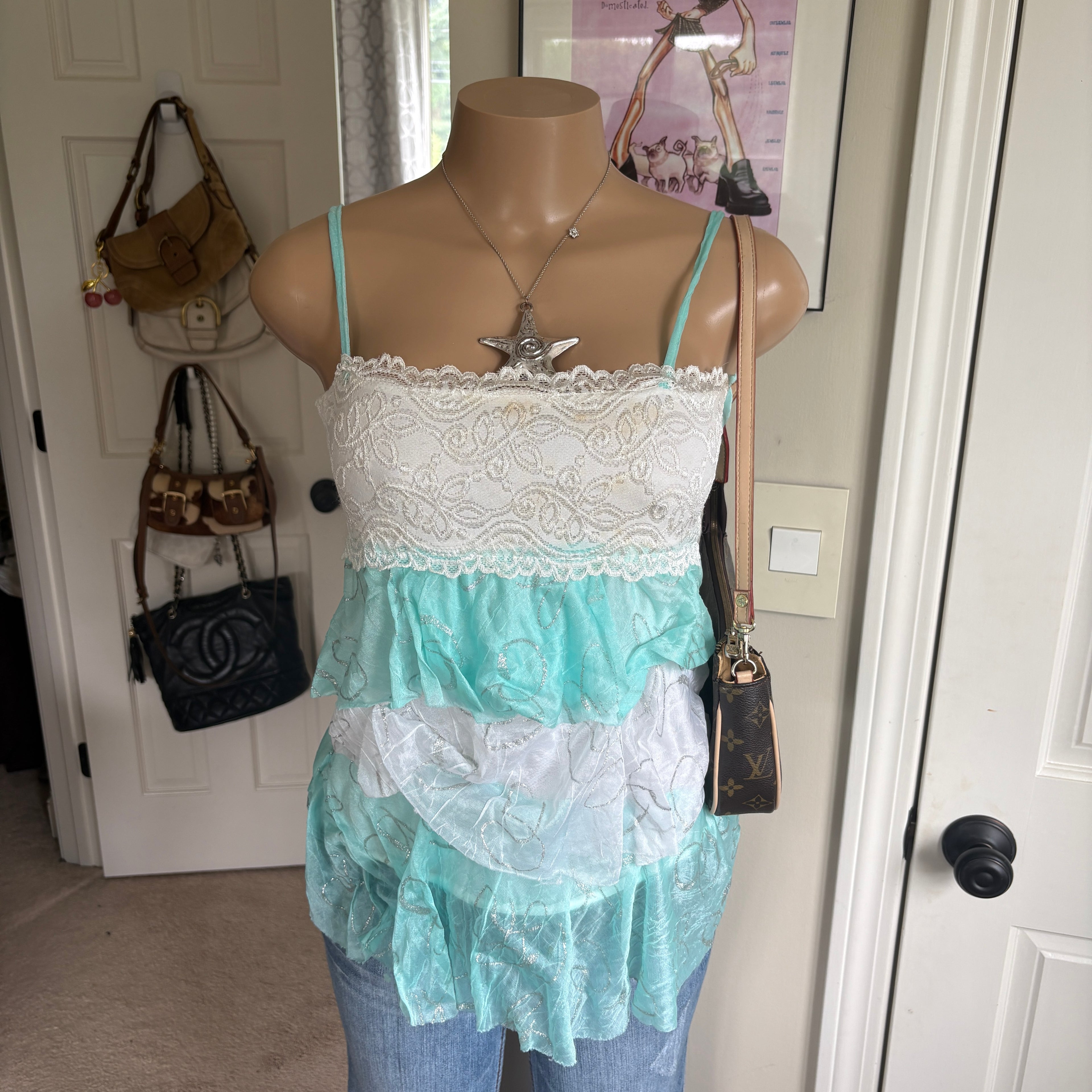 00s white & teal ruffle cami top (size M)