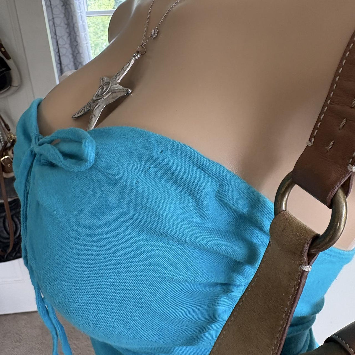 y2k 2000s turquoise tie front strapless top