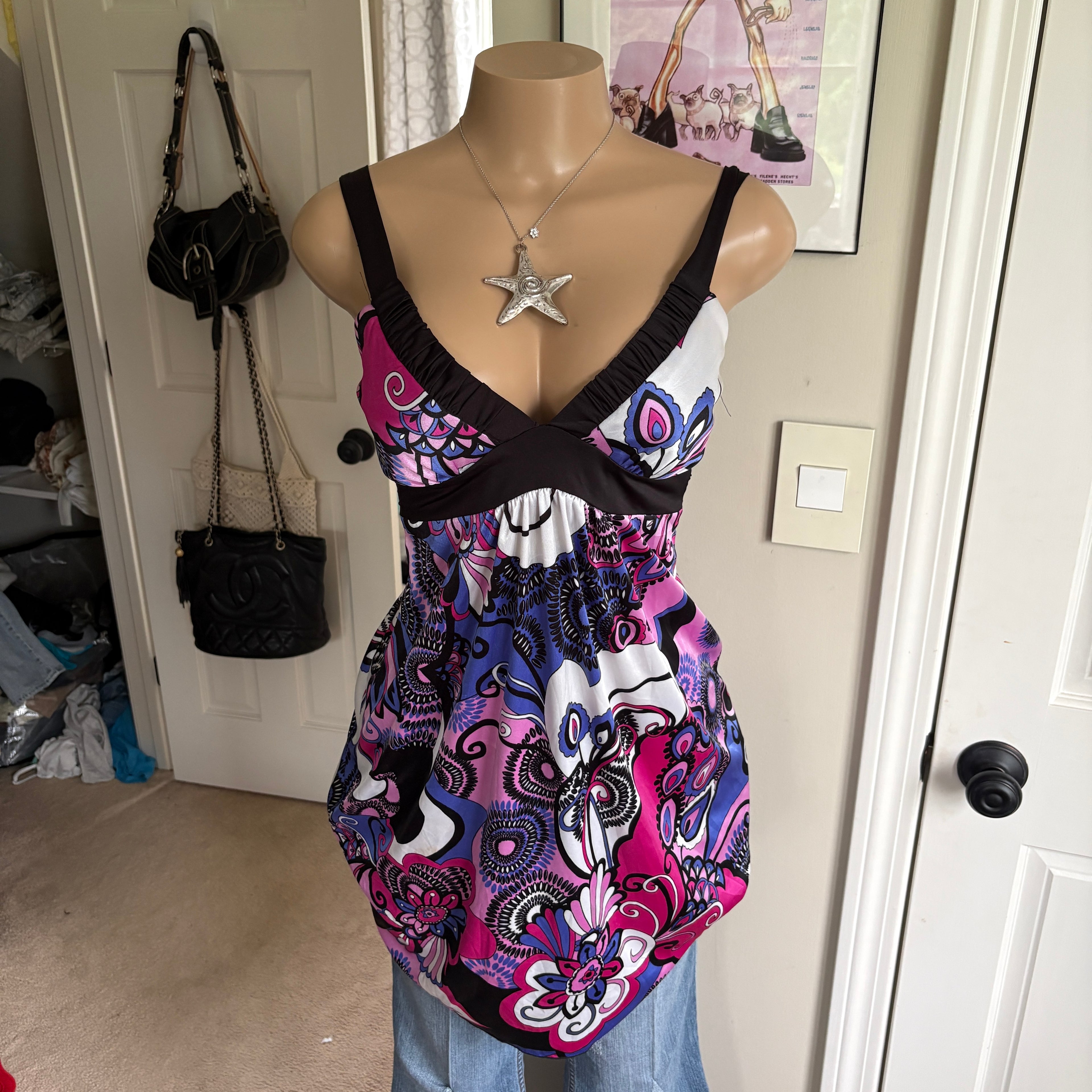 00s purple floral tie back dress (size M)