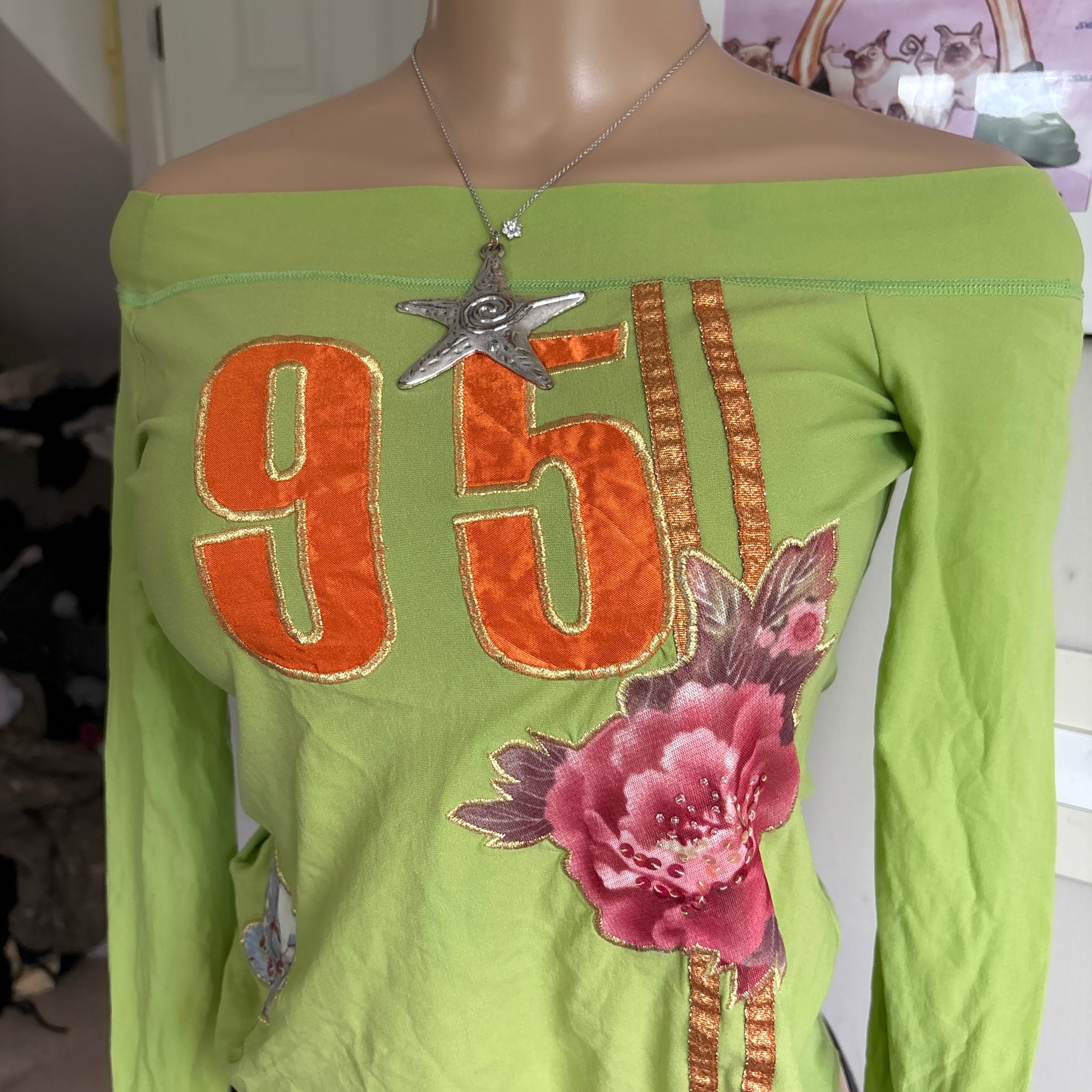 00s colorful green floral letterman off shoulder top (size S/M)
