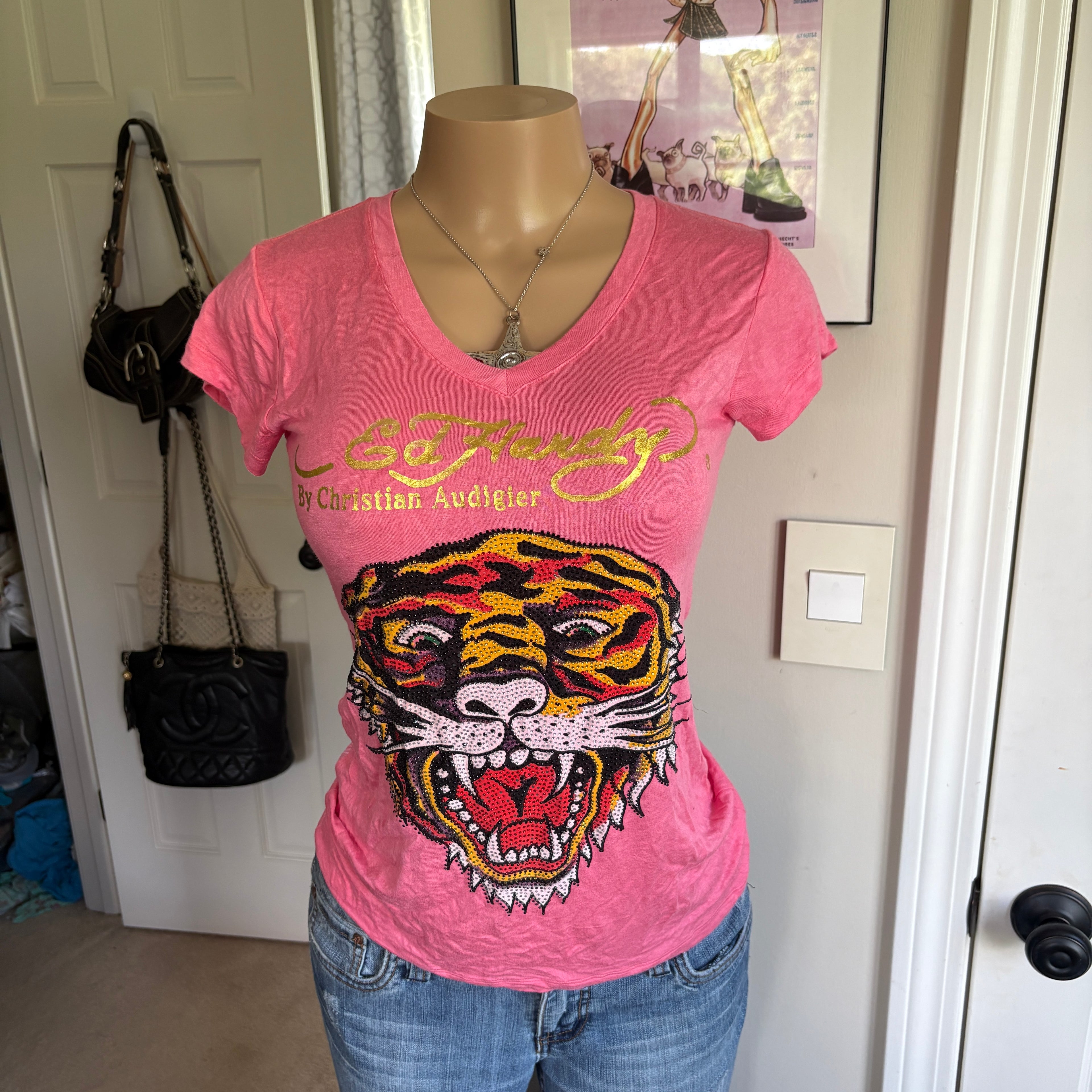 00s Ed Hardy pink rhinestone tiger top (size L)