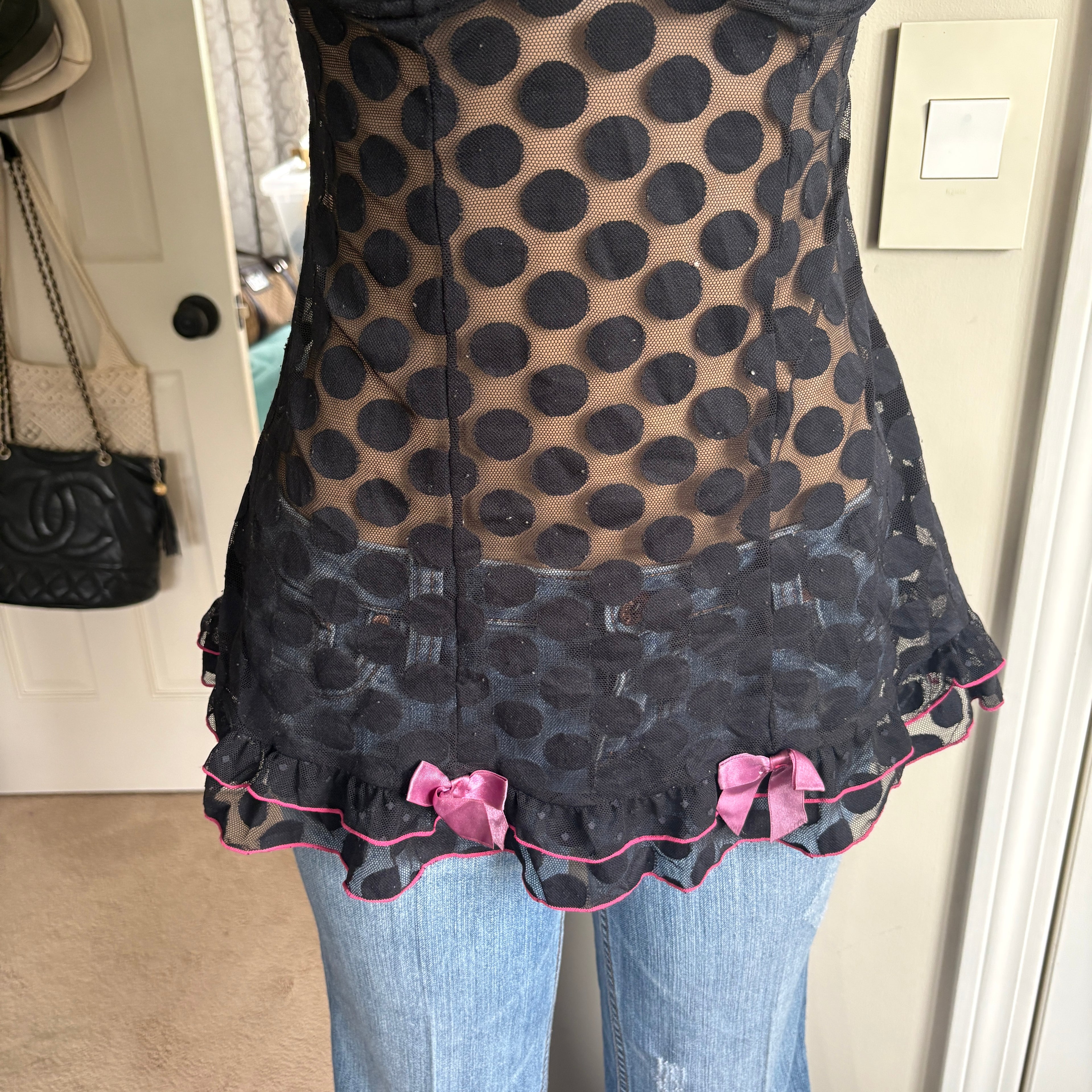 00s black & pink polka dot top (size L)