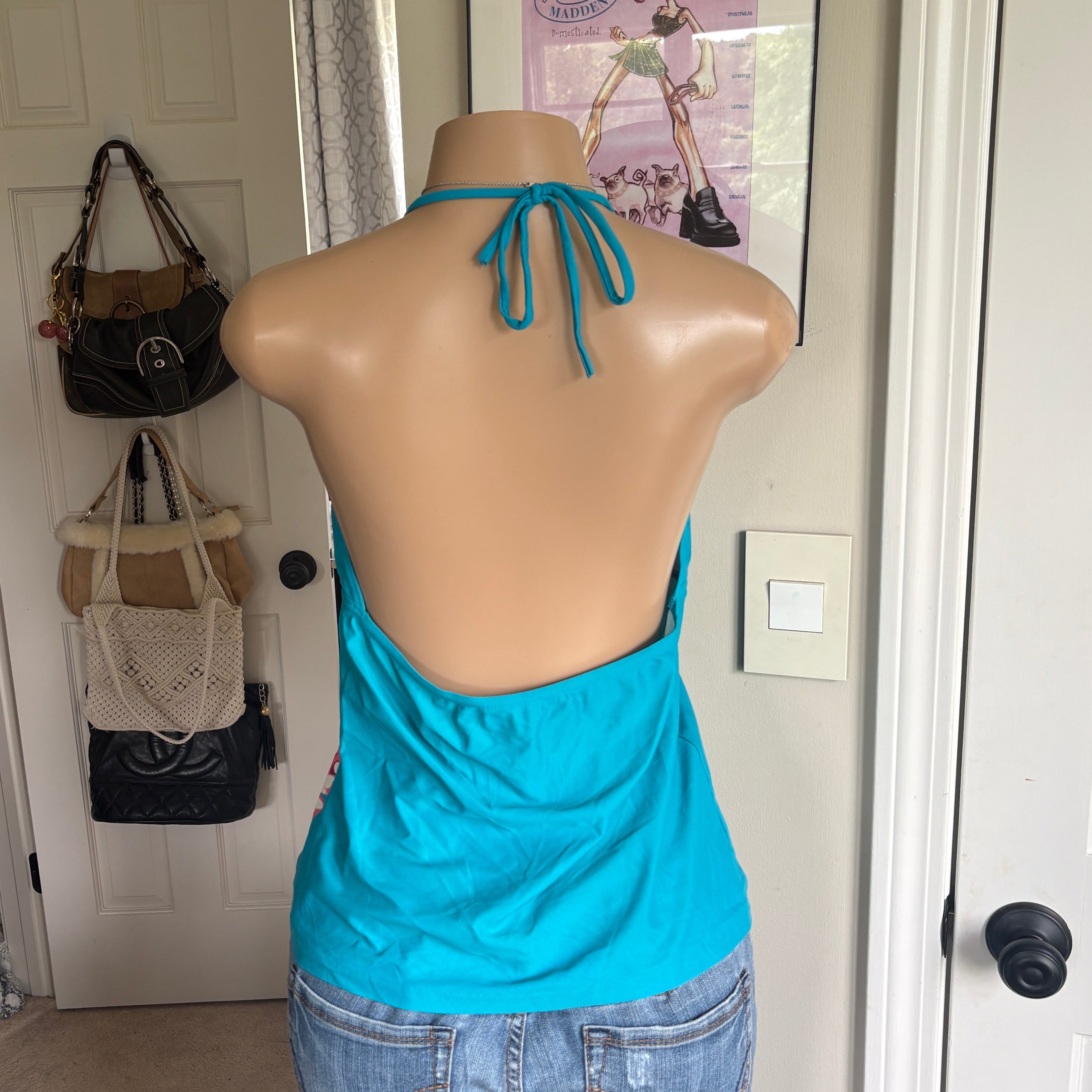 00s blue butterfly halter top (size M)