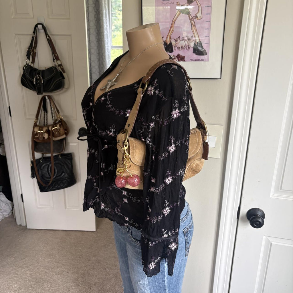 y2k 2000s black floral mesh wrap long sleeve surplice top