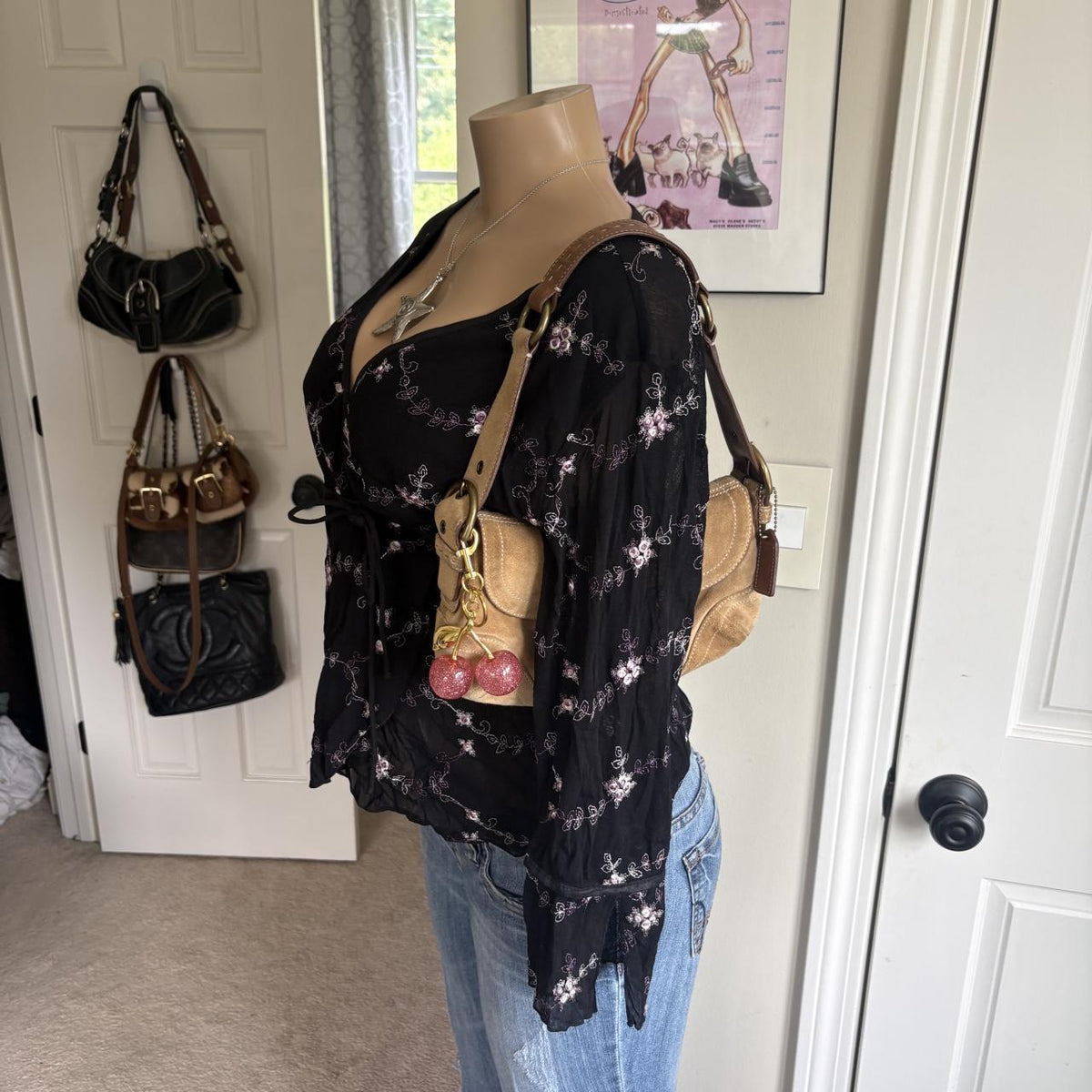 y2k 2000s black floral mesh wrap long sleeve surplice top
